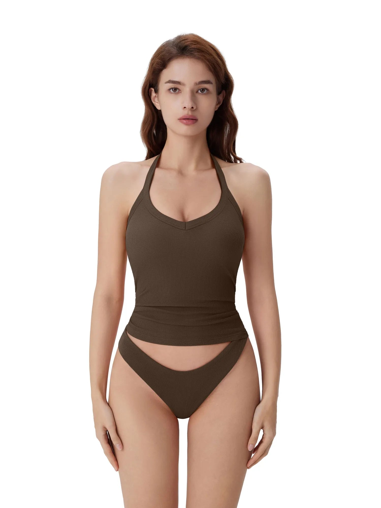 Cotton Ribbed V Neck Halter Tank Top