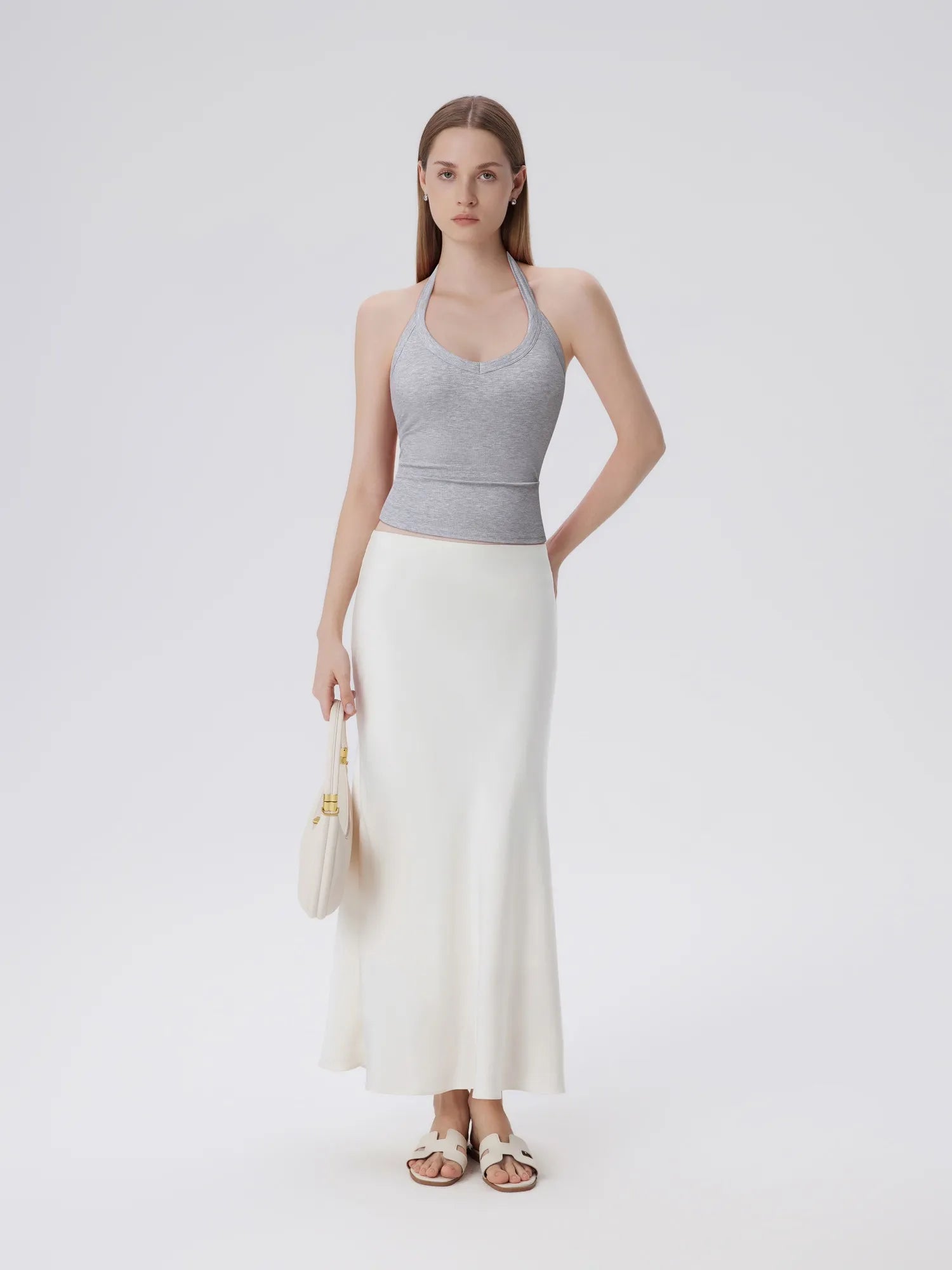 Cotton Ribbed V Neck Halter Tank Top