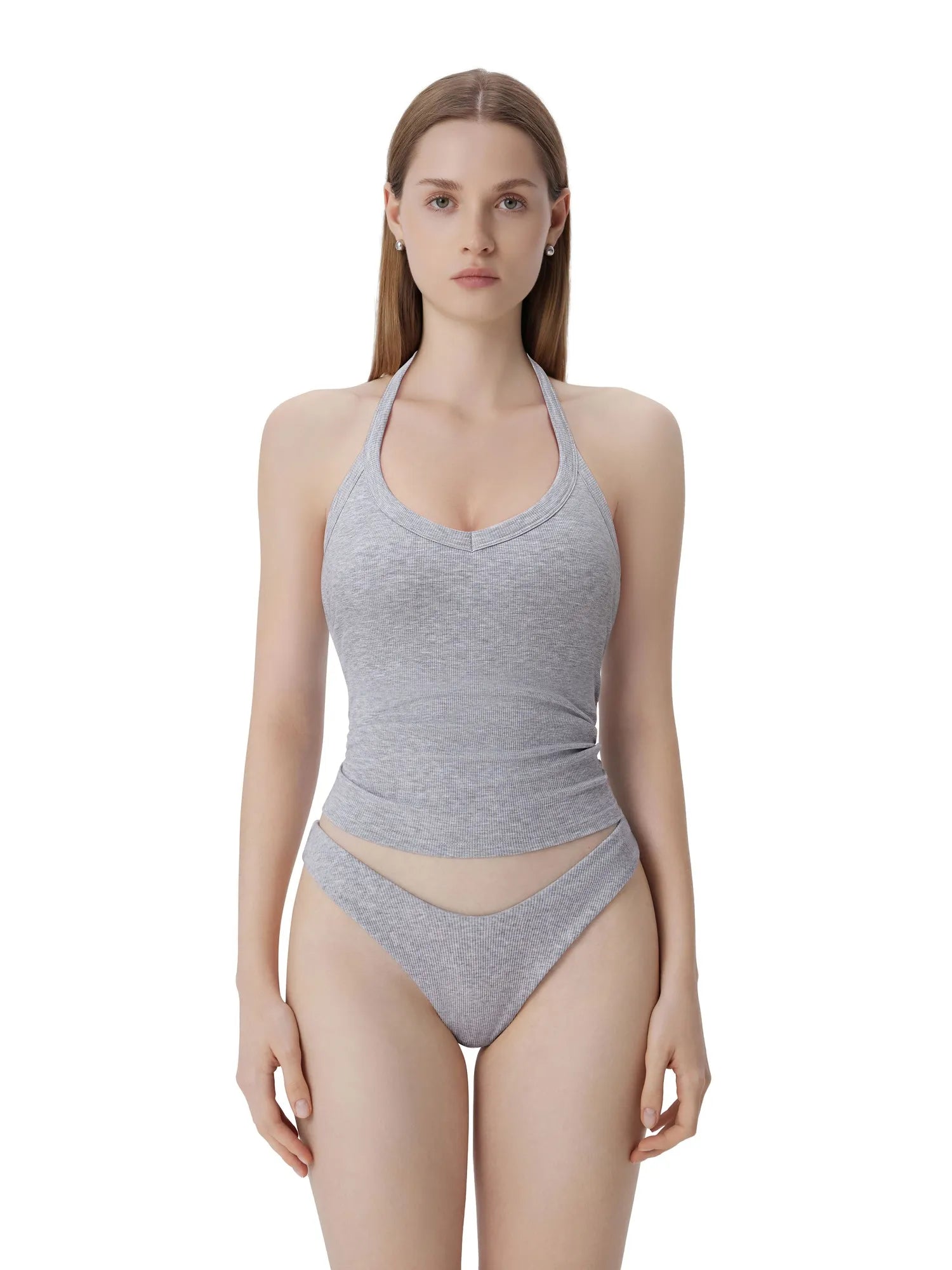 Cotton Ribbed V Neck Halter Tank Top