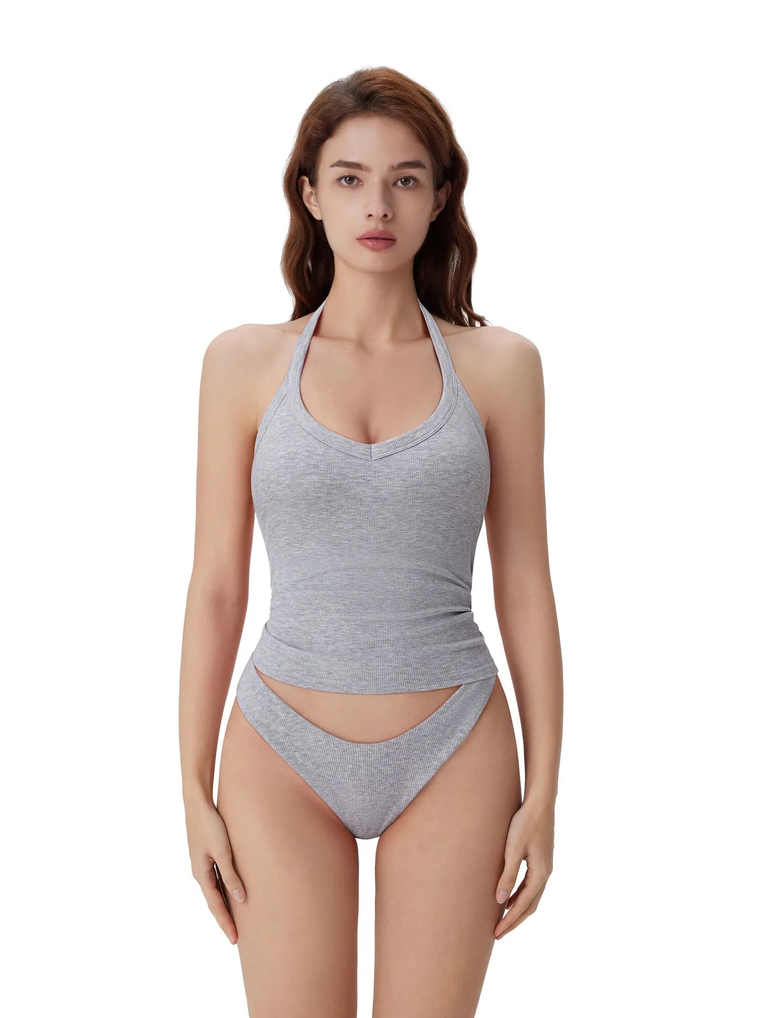 Cotton Ribbed V Neck Halter Tank Top