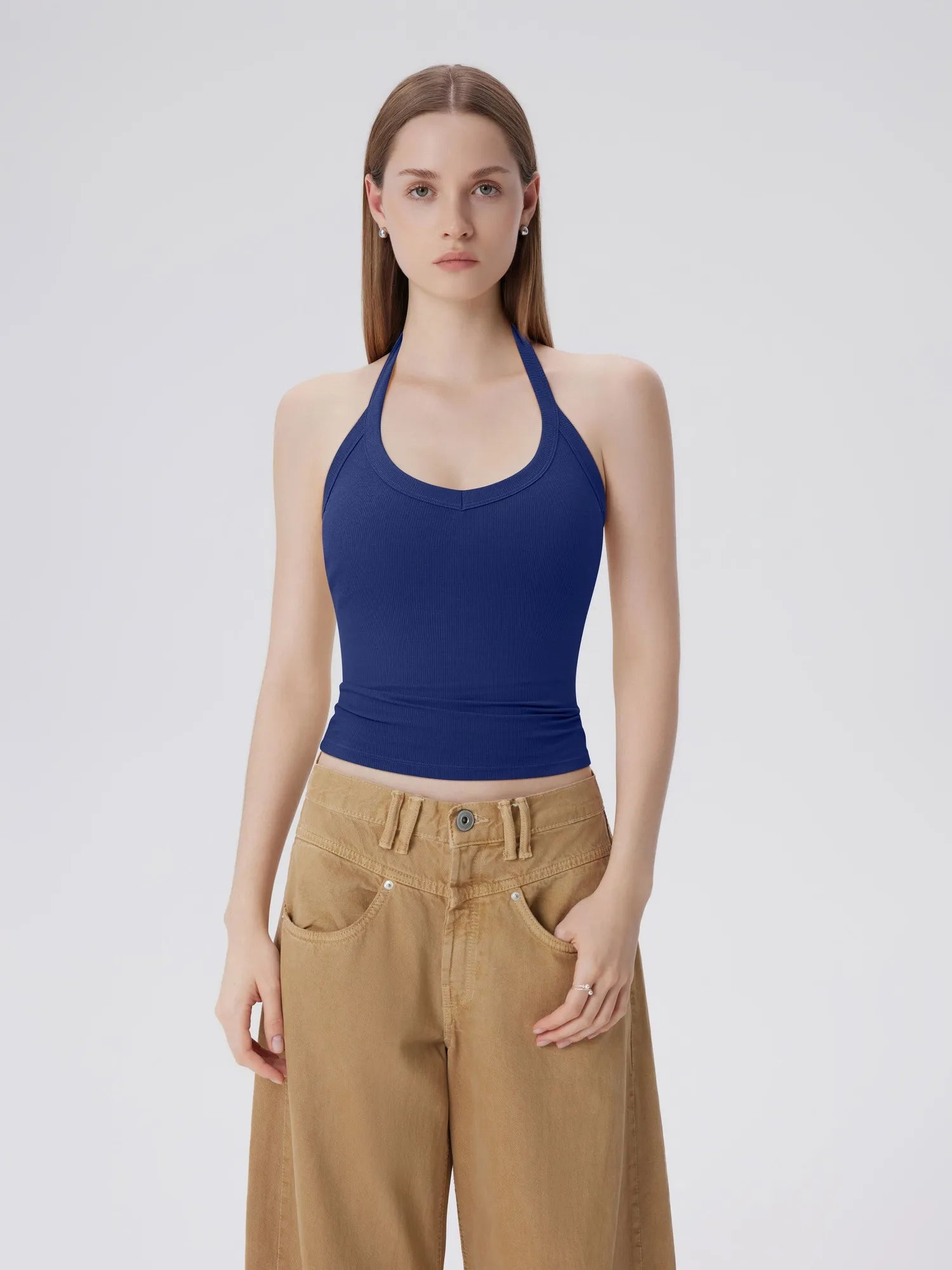 Cotton Ribbed V Neck Halter Tank Top