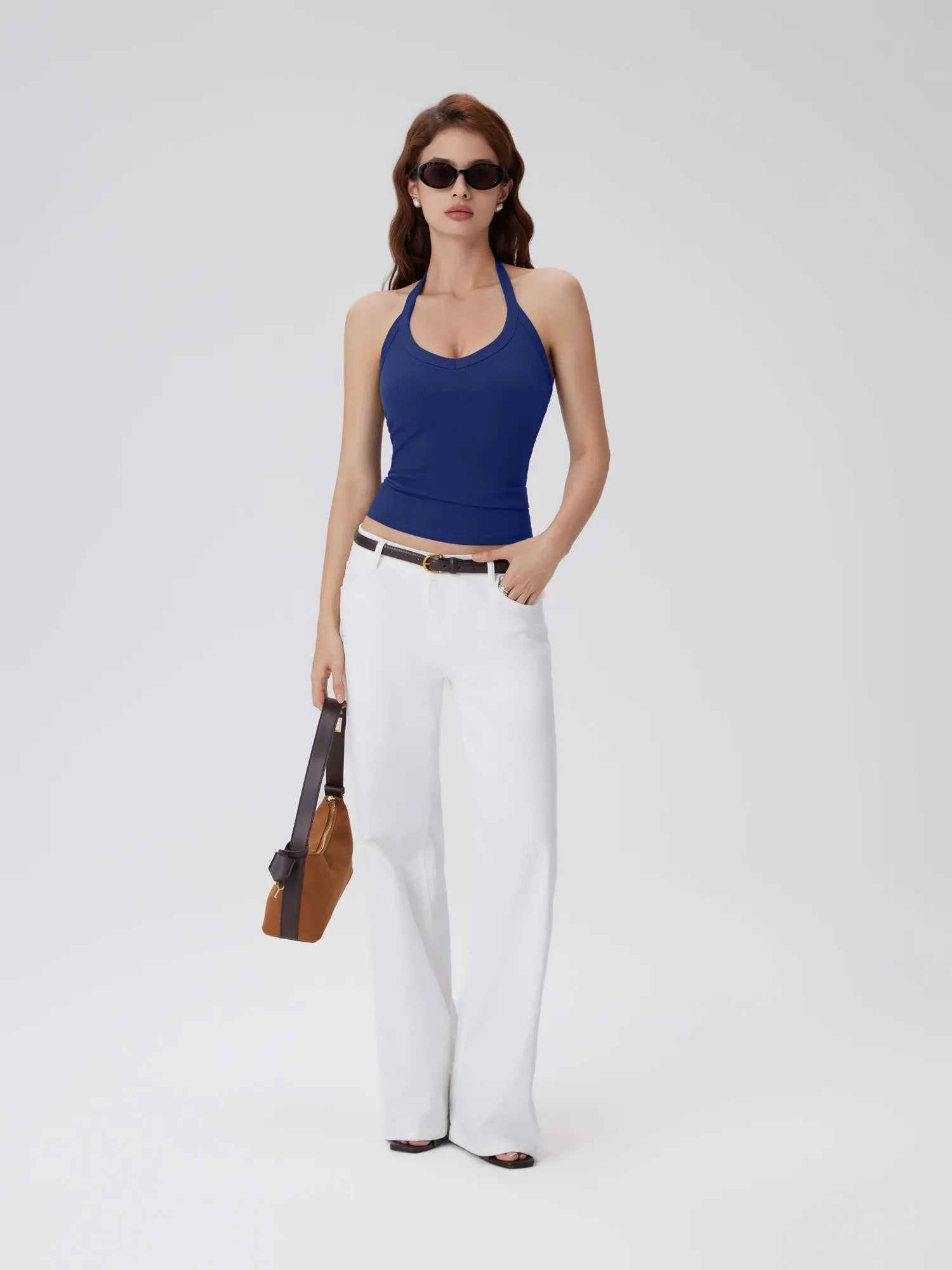 Cotton Ribbed V Neck Halter Tank Top