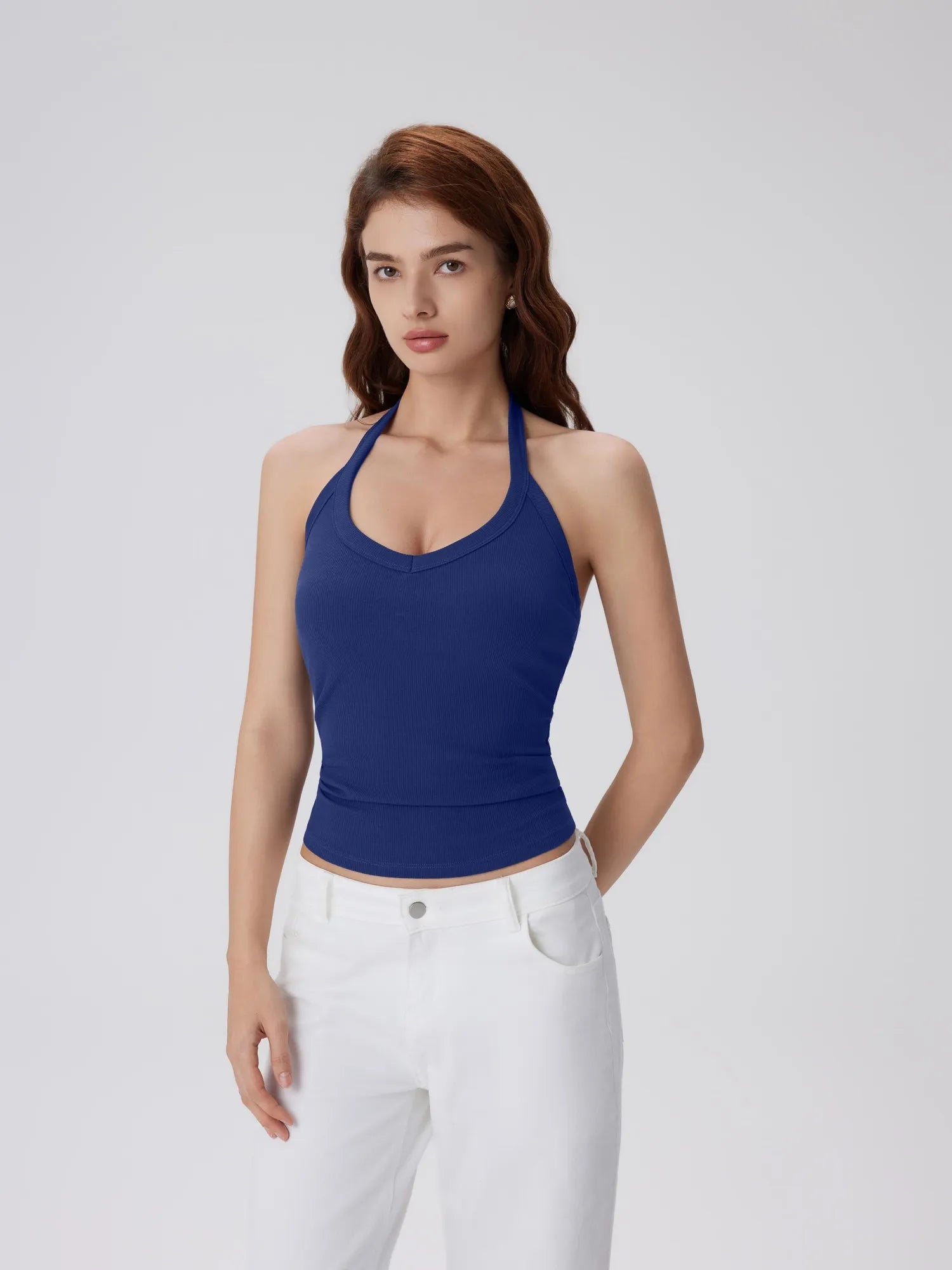 Cotton Ribbed V Neck Halter Tank Top