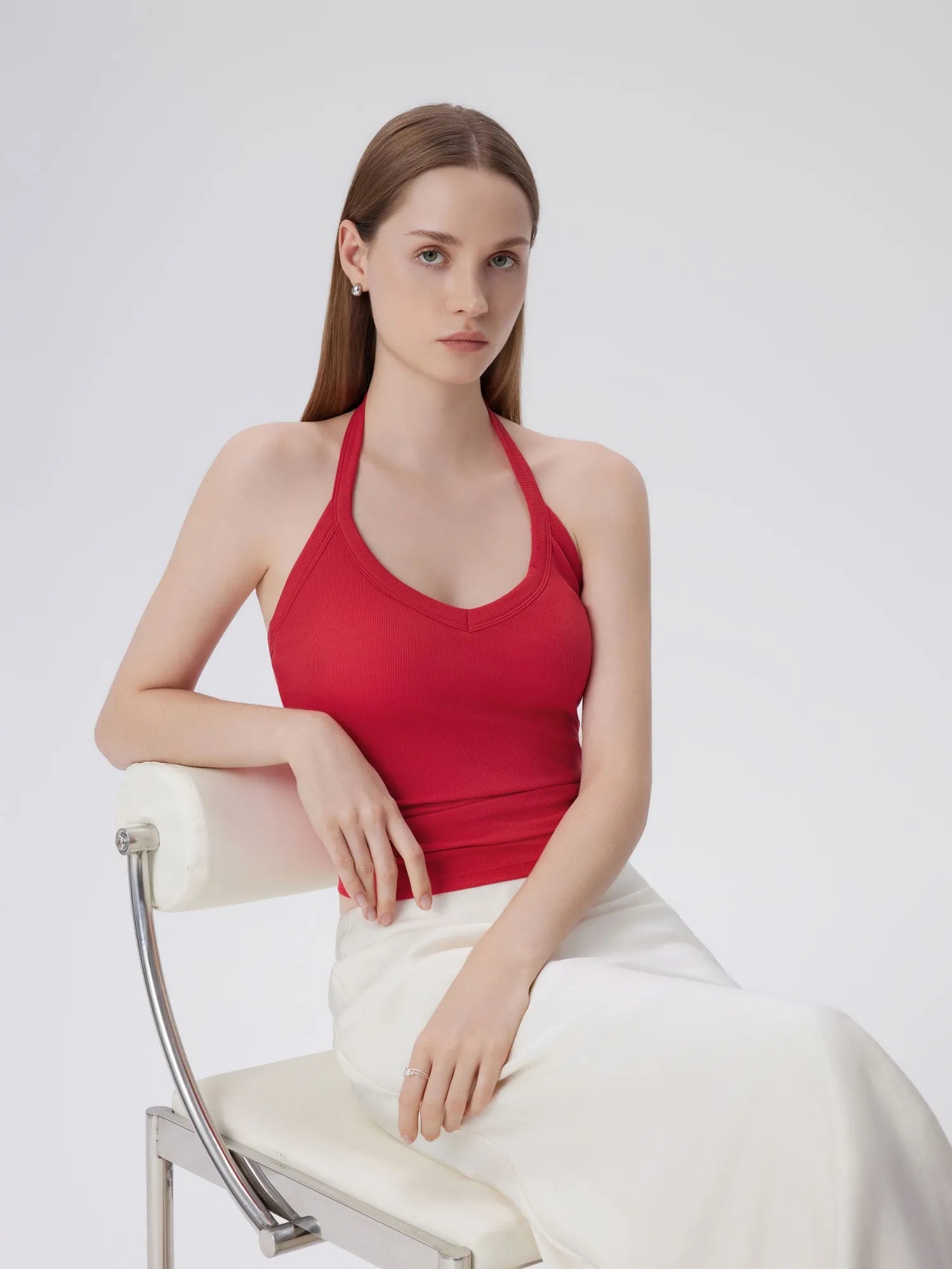 Cotton Ribbed V Neck Halter Tank Top