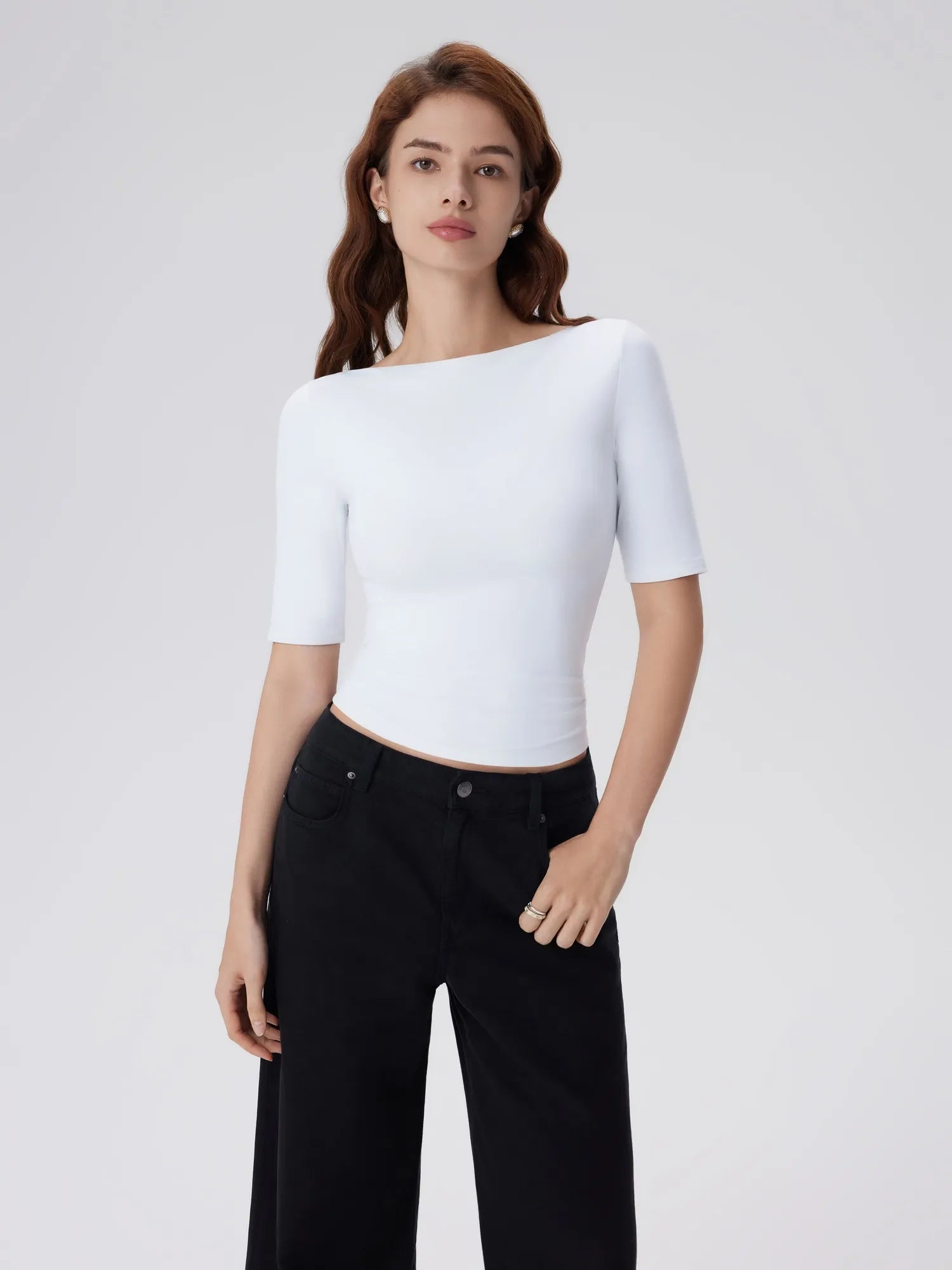 Tight Fitted Half Sleeve Boat Neck Shirt-SUUKSESS-Snow White-XS-SUUKSESS