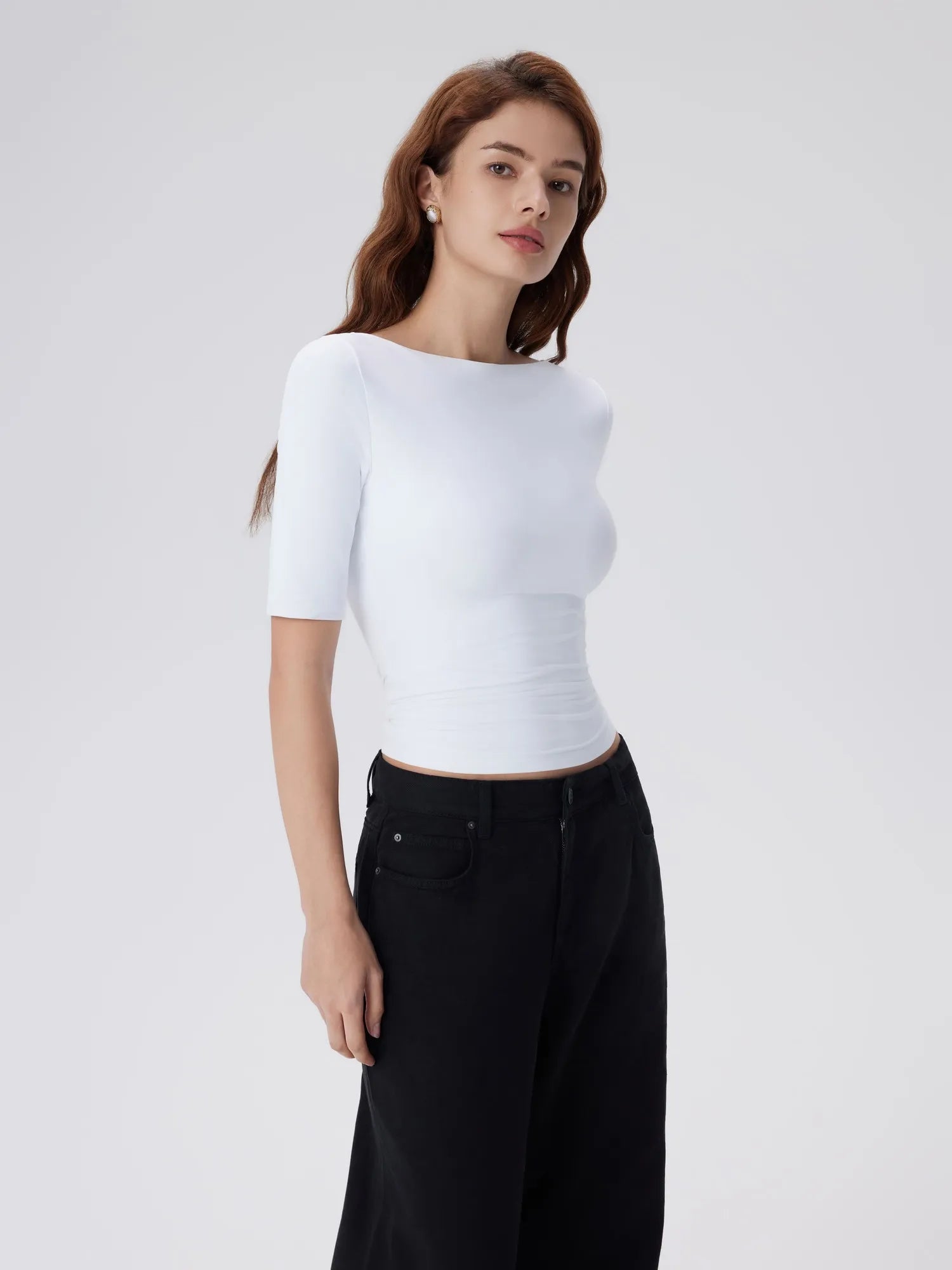 Tight Fitted Half Sleeve Boat Neck Shirt-SUUKSESS-SUUKSESS