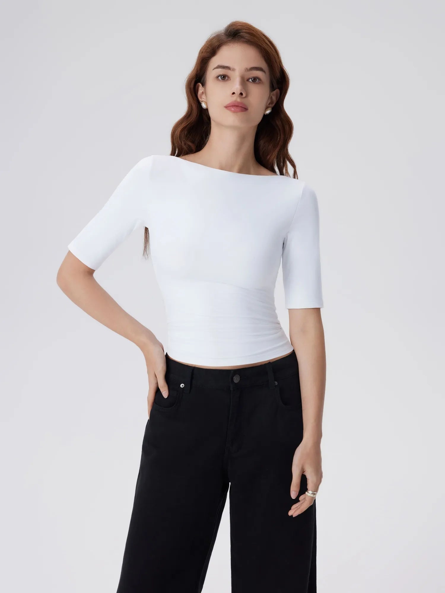 Tight Fitted Half Sleeve Boat Neck Shirt-SUUKSESS-SUUKSESS