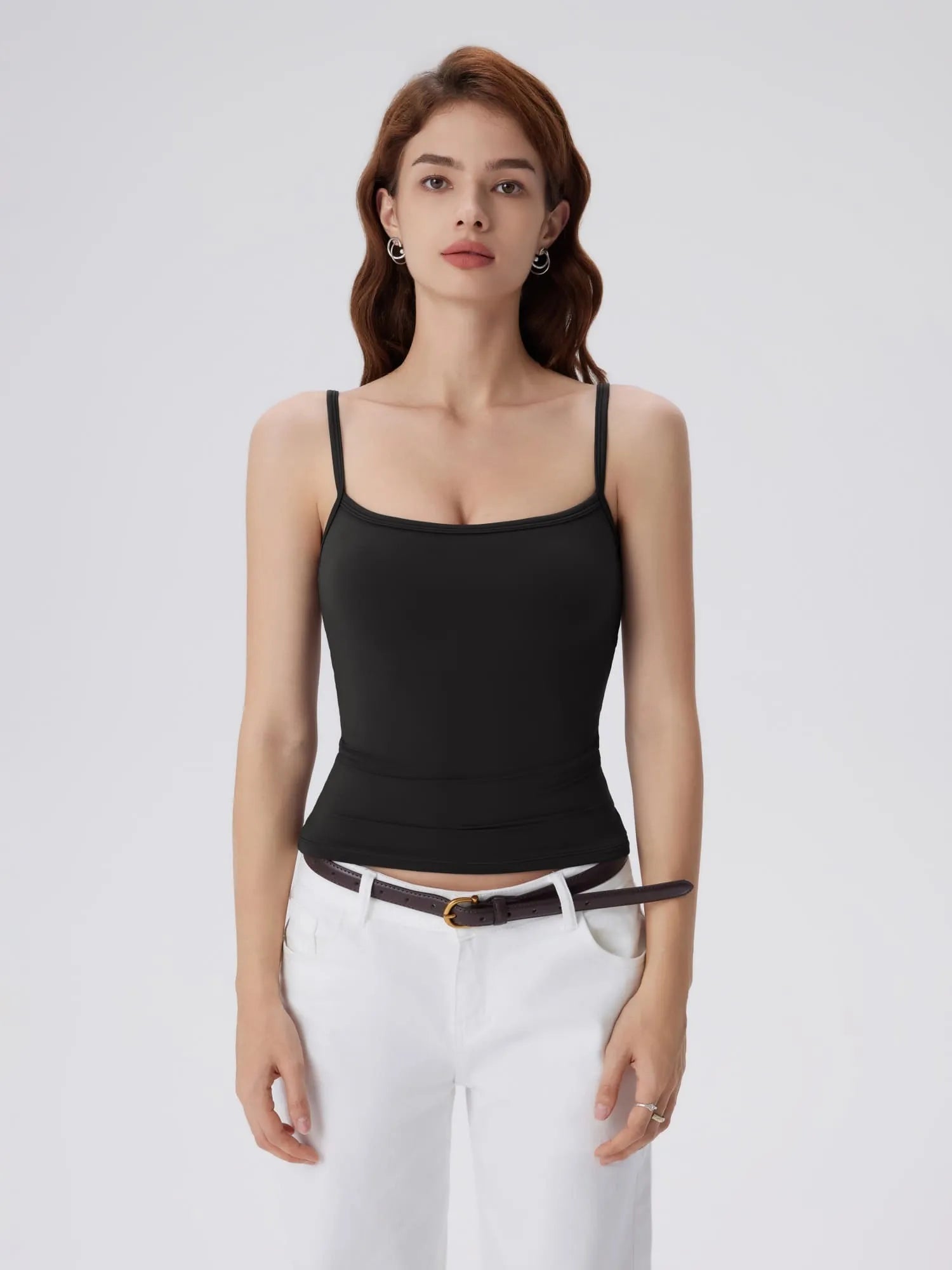 Double Line Built in Bras Square Neck Tank Tops-SUUKSESS-Black-XS-SUUKSESS