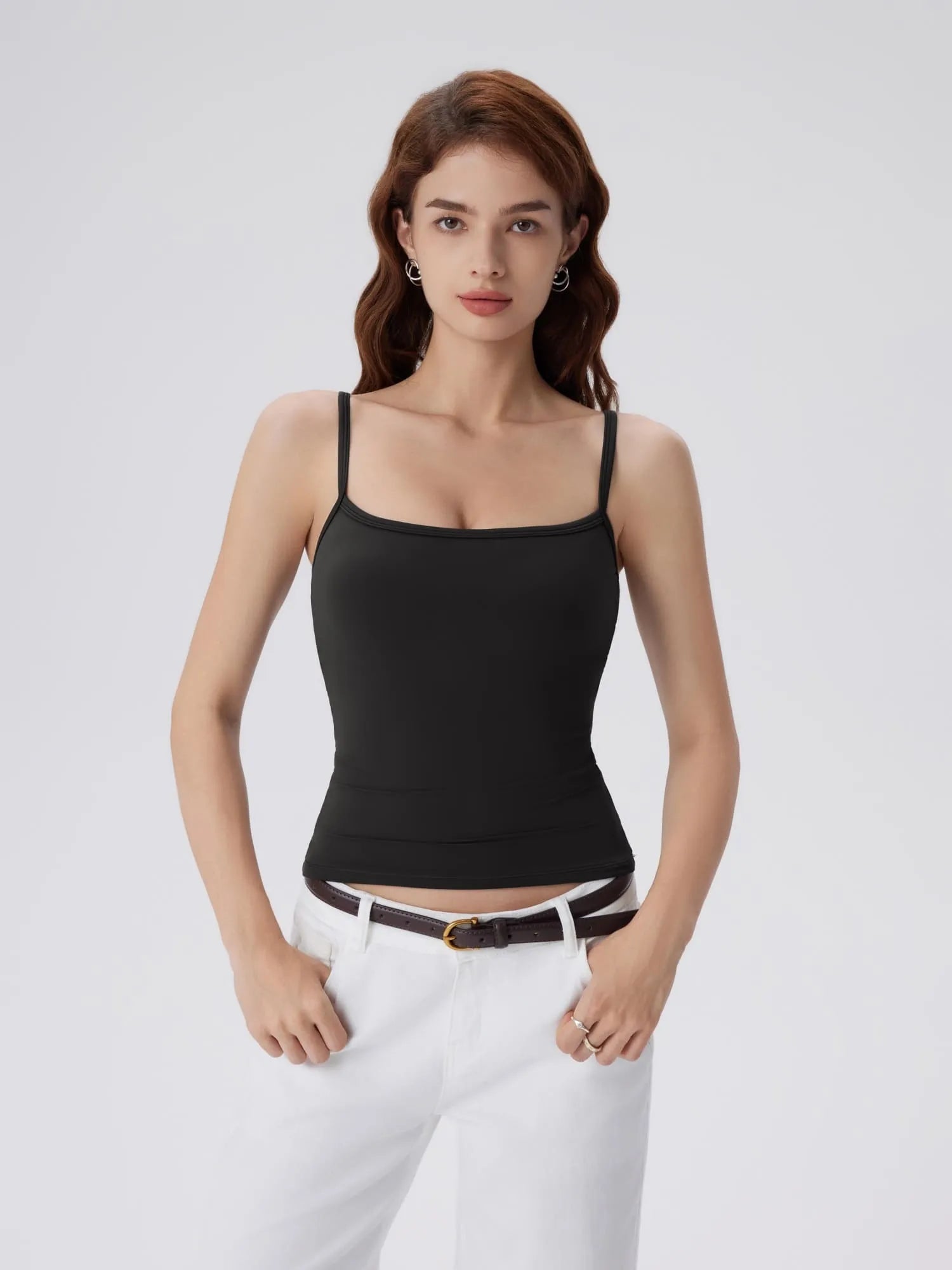 Double Line Built in Bras Square Neck Tank Tops-SUUKSESS-SUUKSESS
