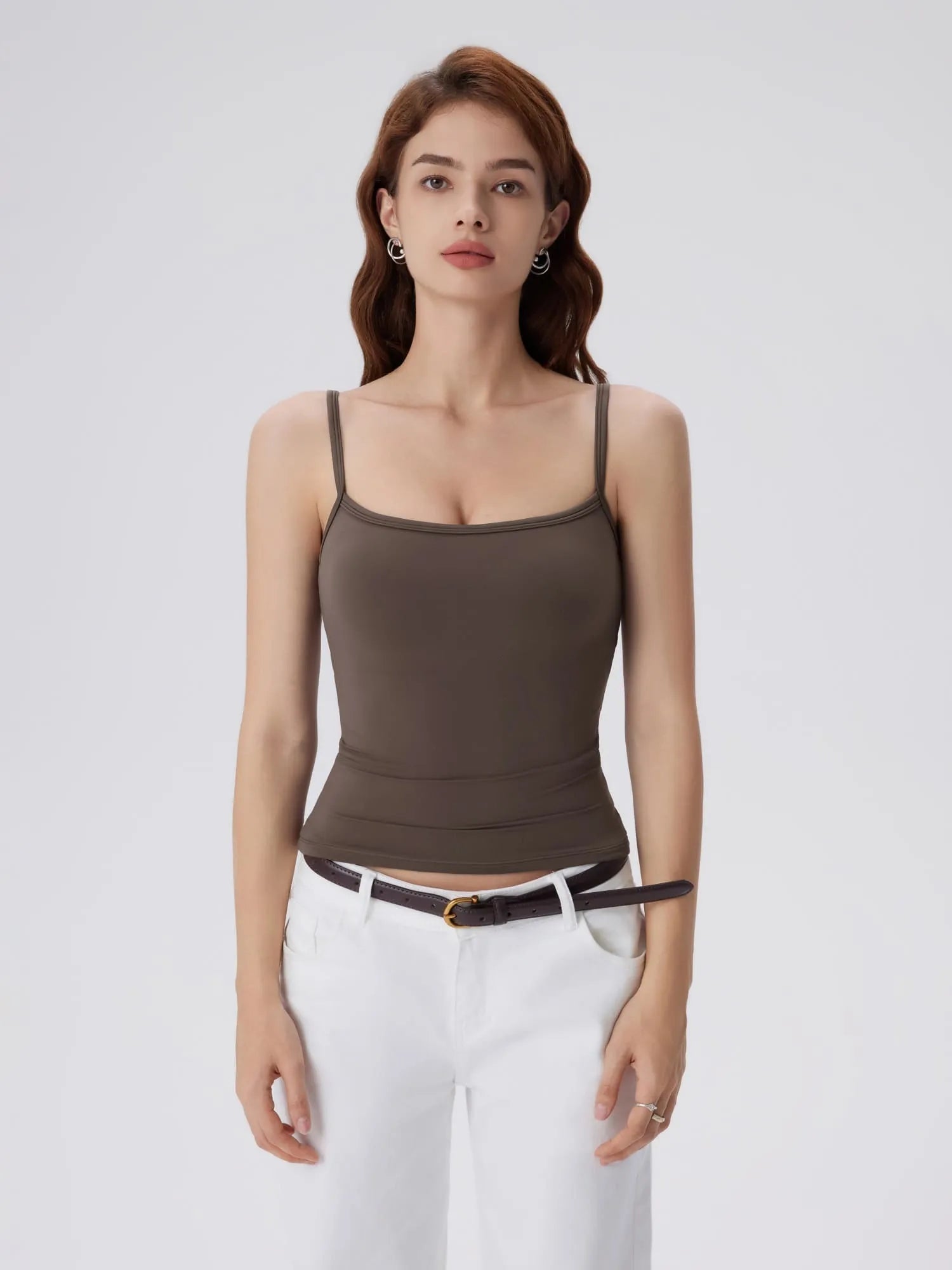 Double Line Built in Bras Square Neck Tank Tops-SUUKSESS-Brown-XS-SUUKSESS