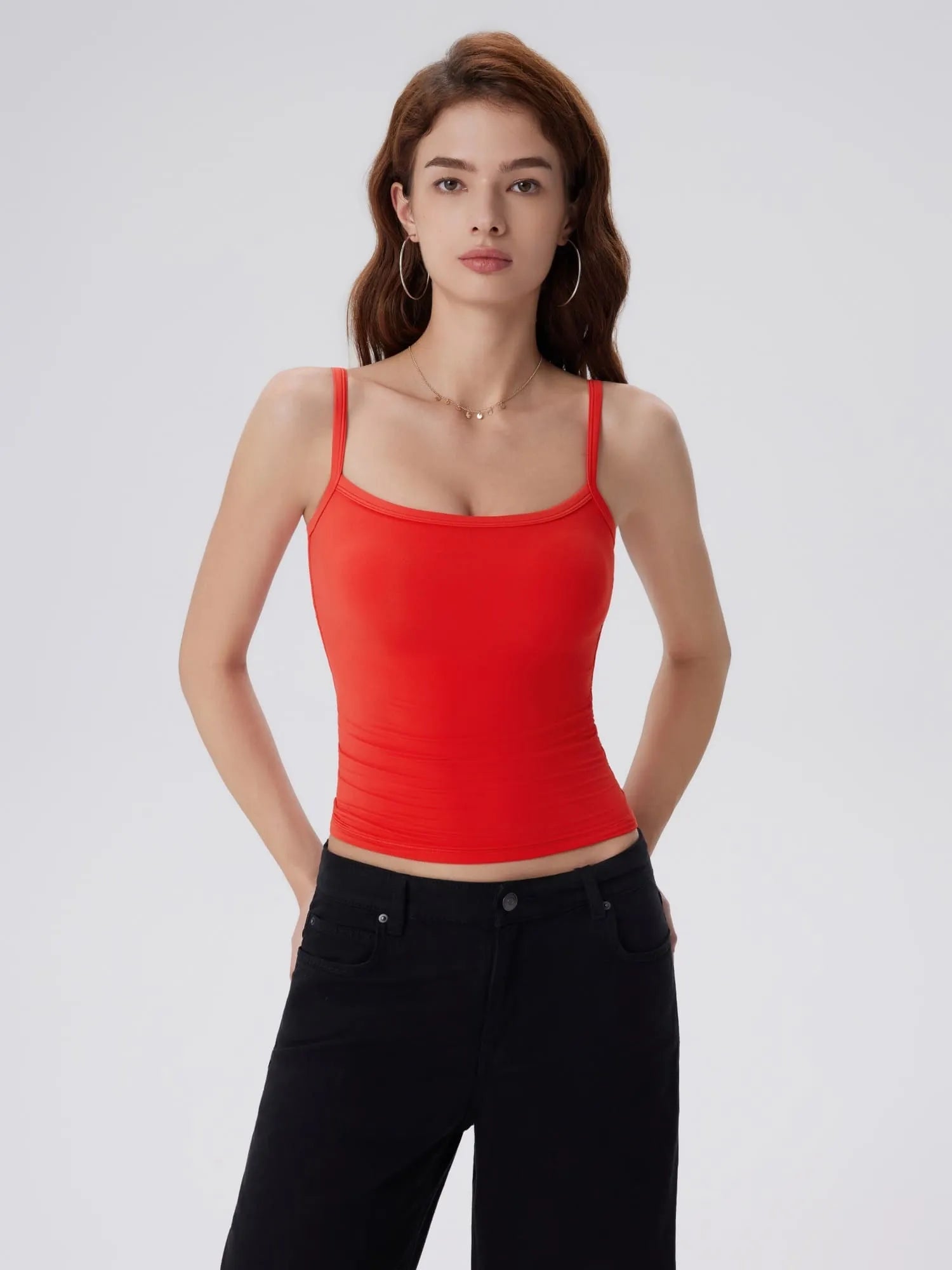 Double Line Built in Bras Square Neck Tank Tops-SUUKSESS-Red-XS-SUUKSESS