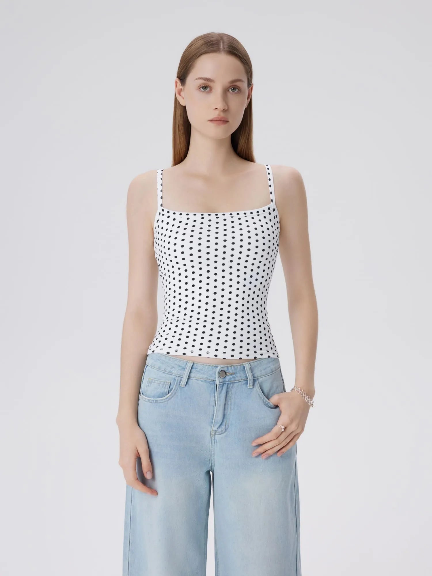 Double Line Built in Bras Square Neck Tank Tops-SUUKSESS-Dots-XS-SUUKSESS