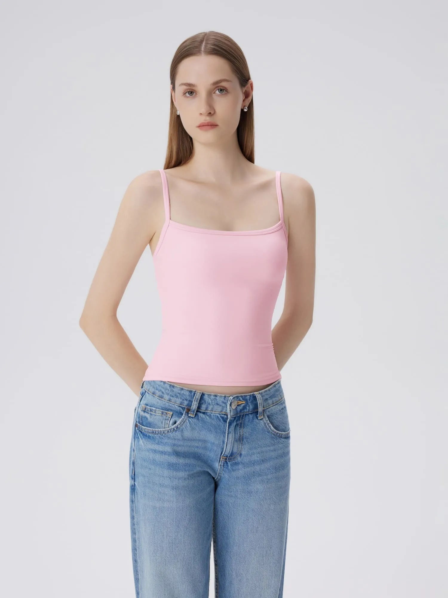 Double Line Built in Bras Square Neck Tank Tops-SUUKSESS-Pink-XS-SUUKSESS