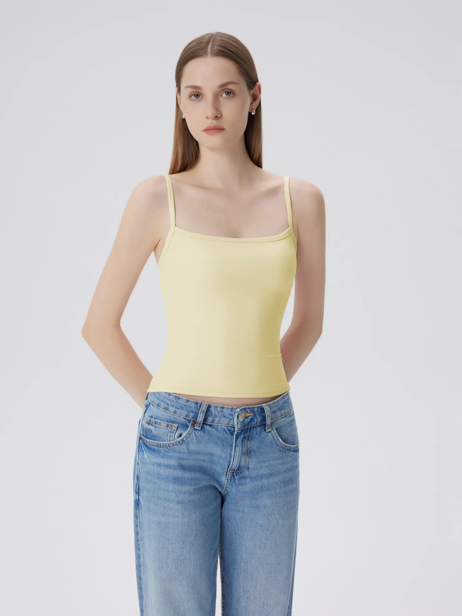 Double Line Built in Bras Square Neck Tank Tops-SUUKSESS-Yellow-XS-SUUKSESS