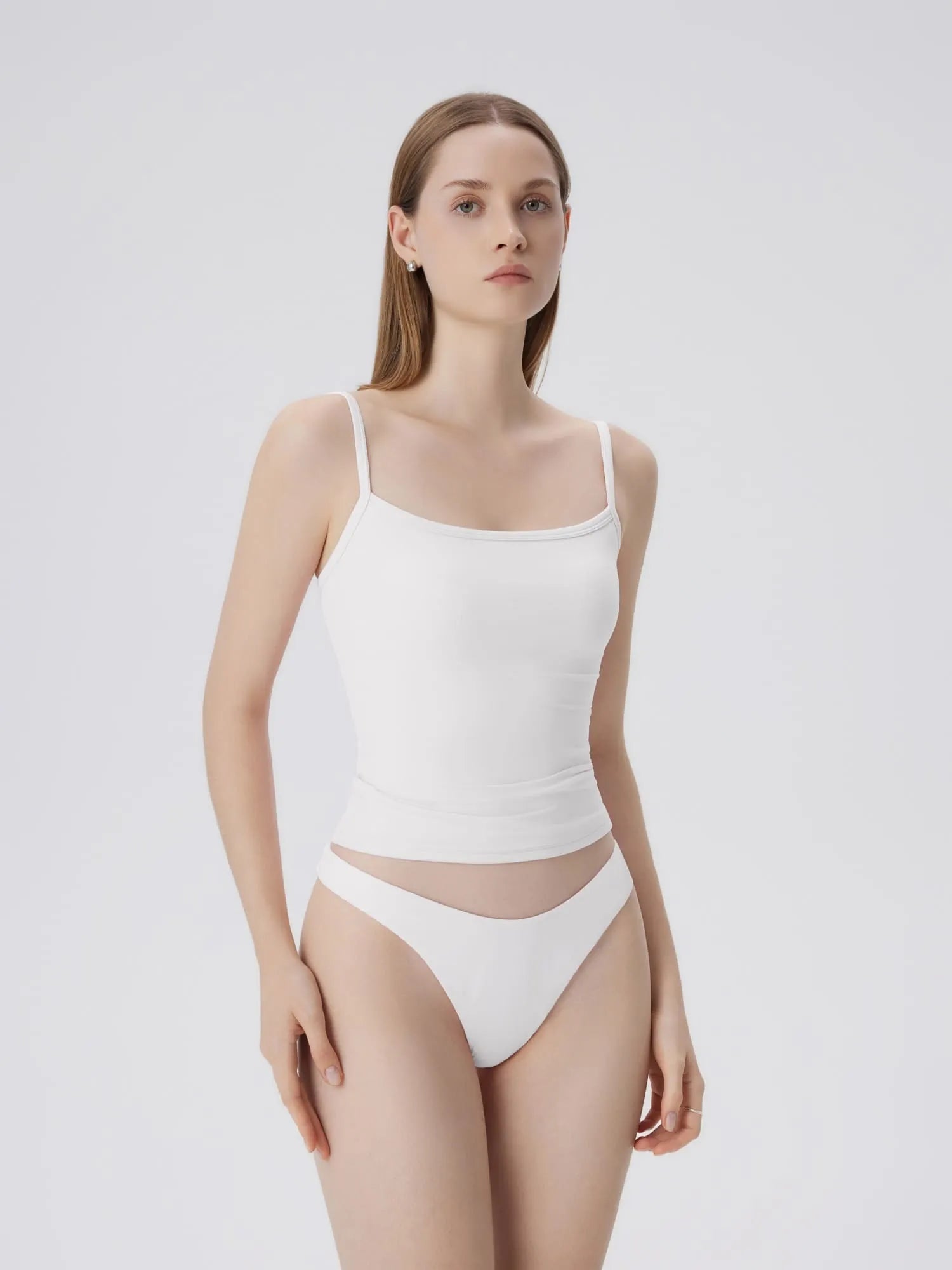 Double Line Built in Bras Square Neck Tank Tops-SUUKSESS-White-XS-SUUKSESS