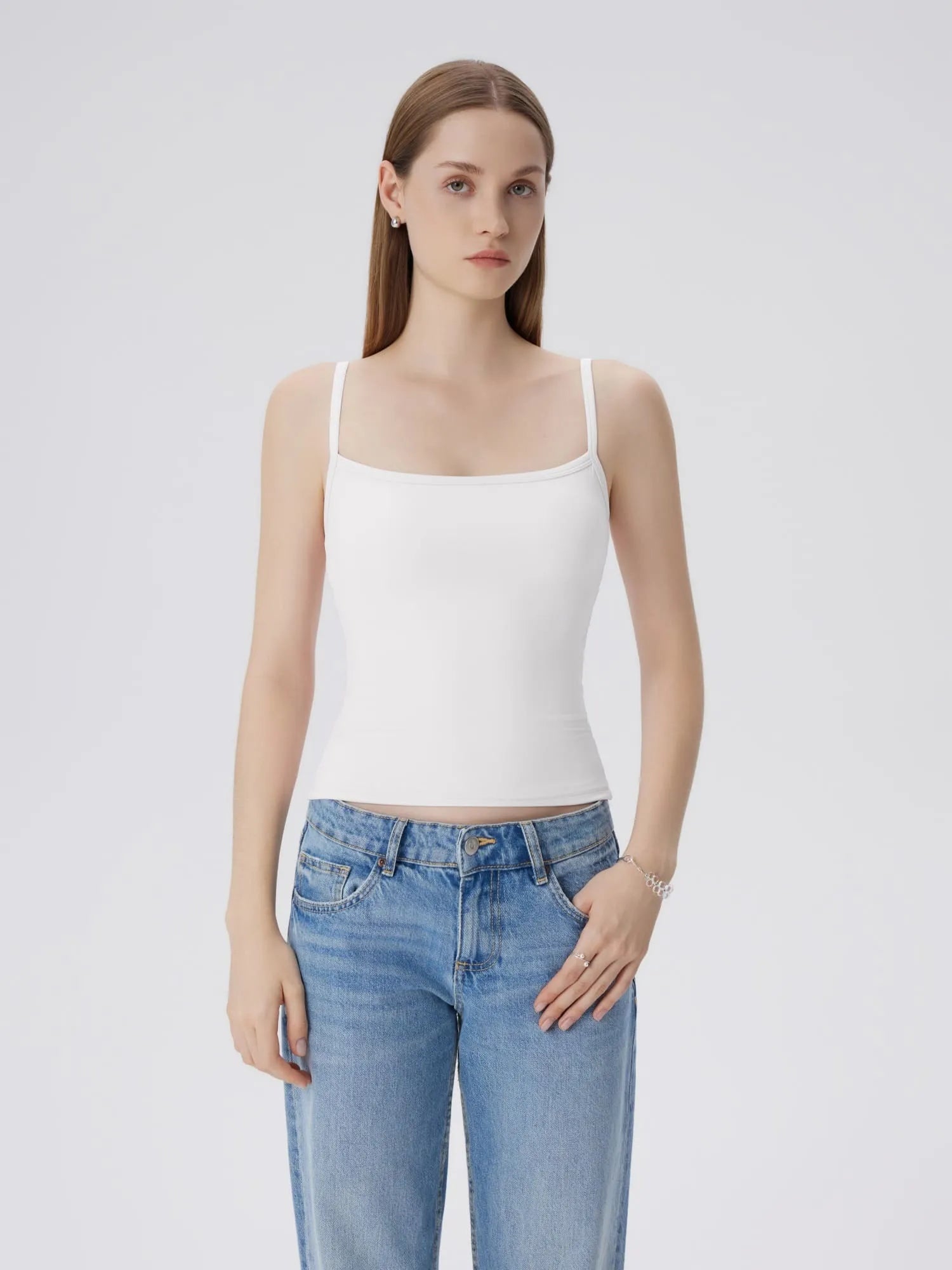 Double Line Built in Bras Square Neck Tank Tops-SUUKSESS-SUUKSESS