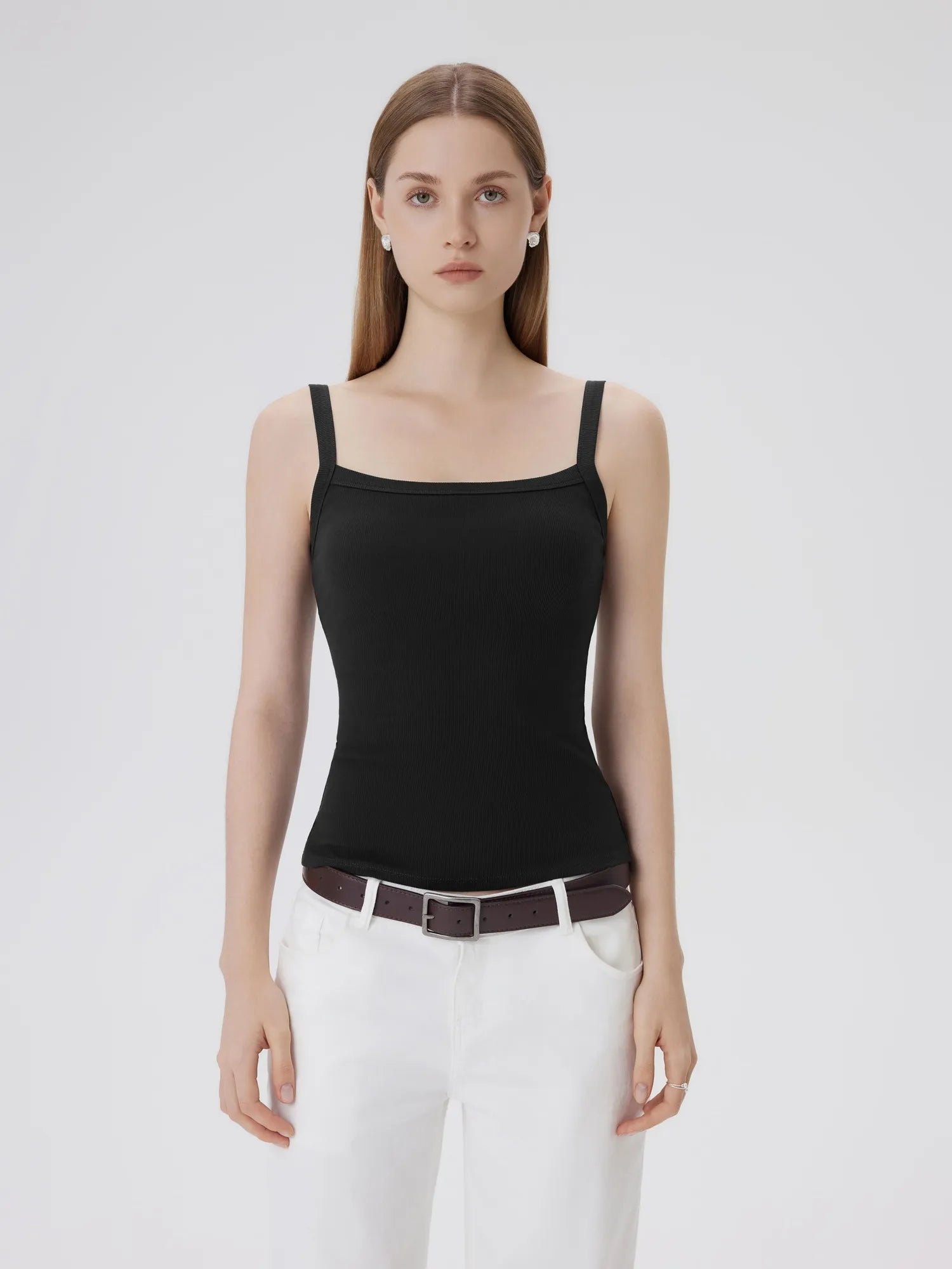 Cotton Rib Square Neck Padded Tank Tops-SUUKSESS-SUUKSESS