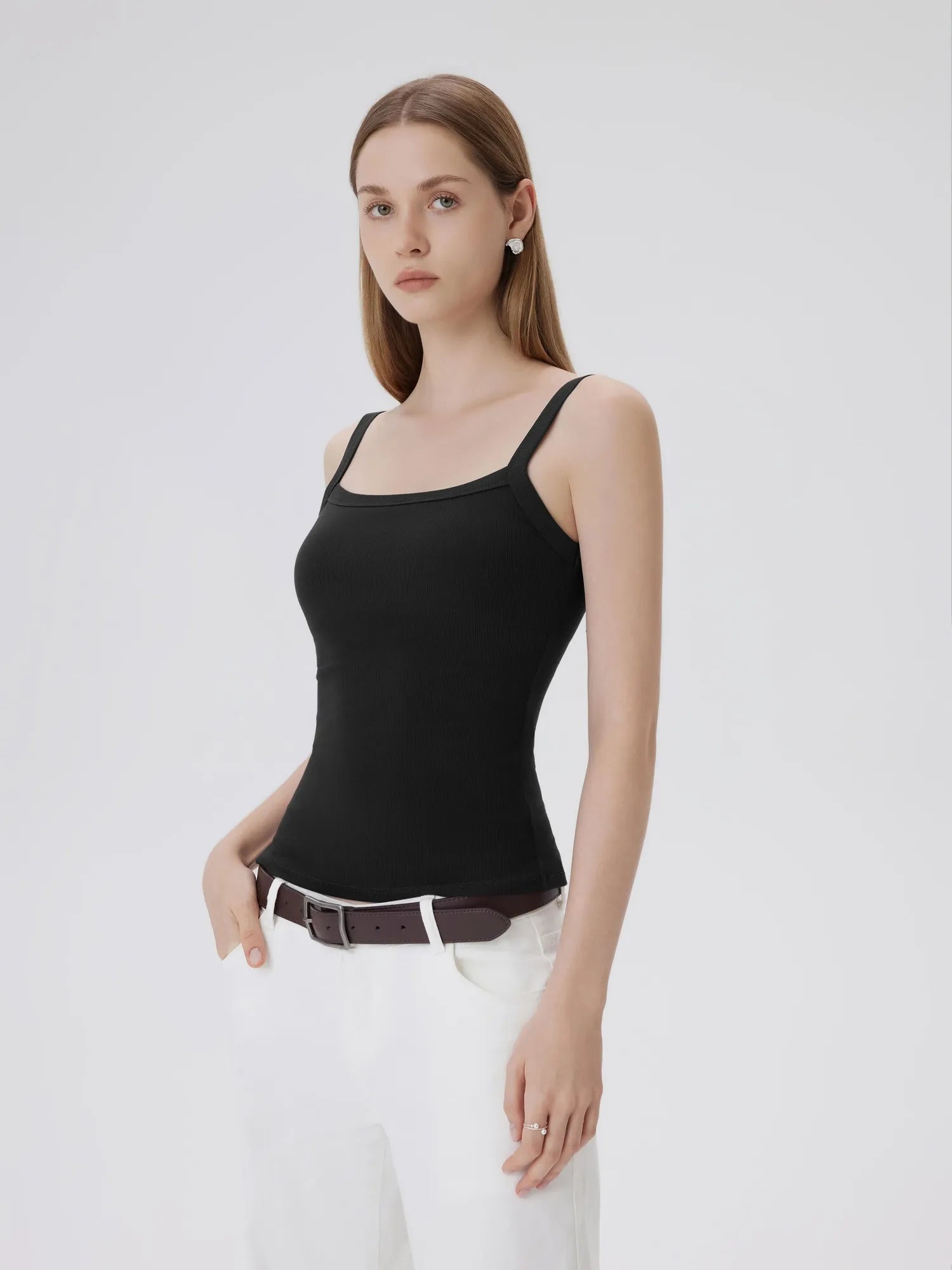 Cotton Rib Square Neck Padded Tank Tops-SUUKSESS-SUUKSESS