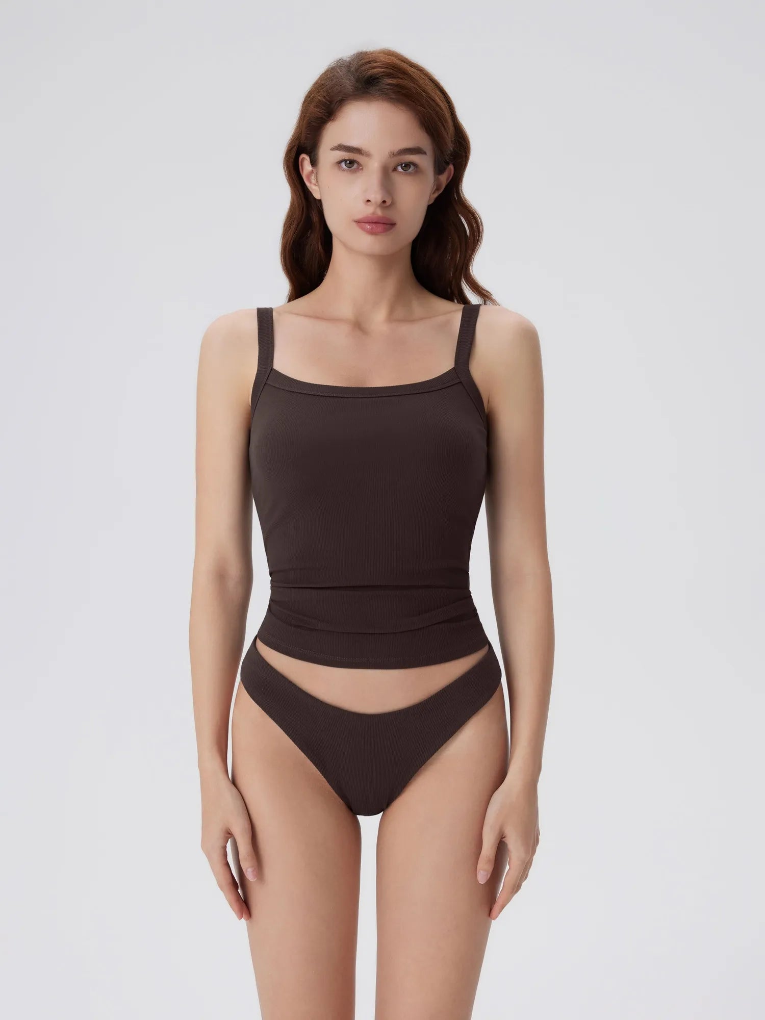 Cotton Rib Square Neck Padded Tank Tops-SUUKSESS-Brown-XS-SUUKSESS