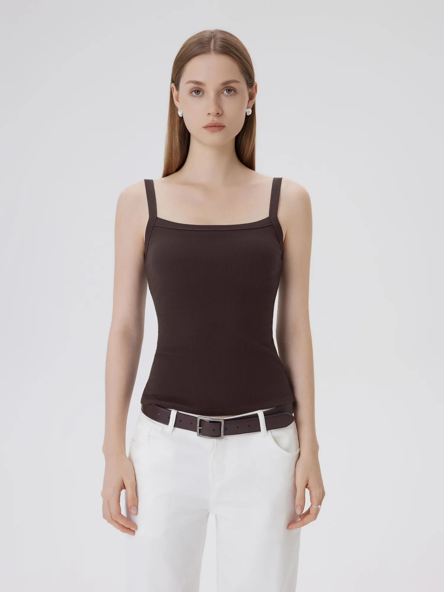 Cotton Rib Square Neck Padded Tank Tops-SUUKSESS-SUUKSESS