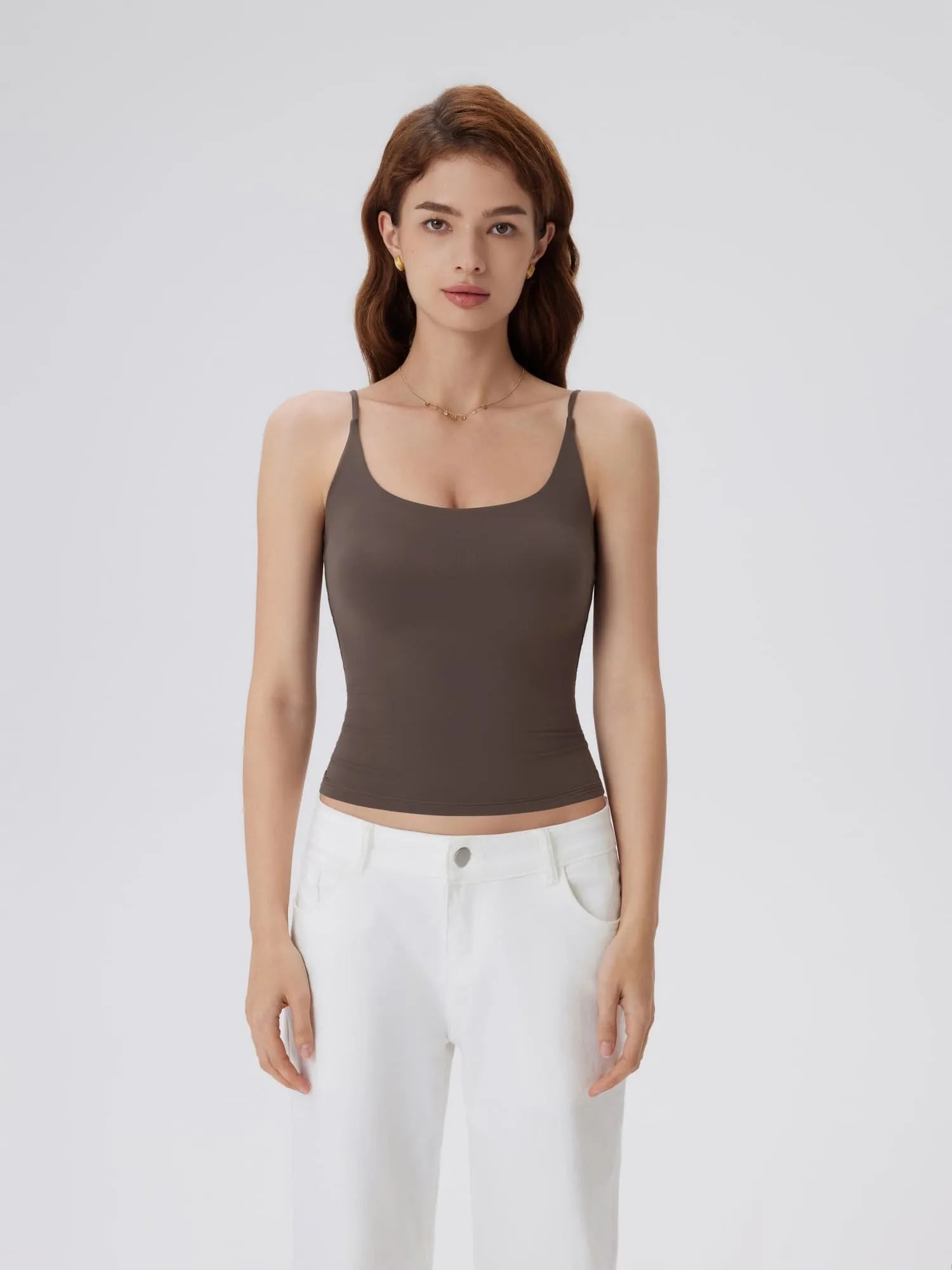 Padded Scoop Neck Double Line Camisole Tank Tops-SUUKSESS-Brown-XS-SUUKSESS