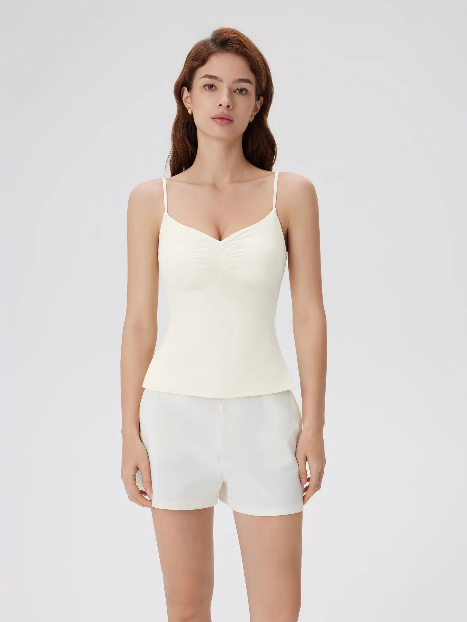 Ruched V Neck Desigh Tank Top-SUUKSESS-White-XS-SUUKSESS