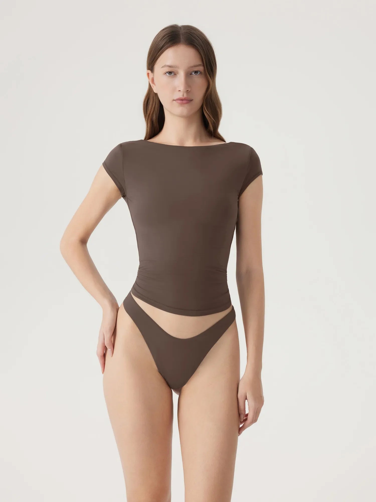 Boat Neck Cowl Backless Tops-SUUKSESS-Brown-XS-SUUKSESS