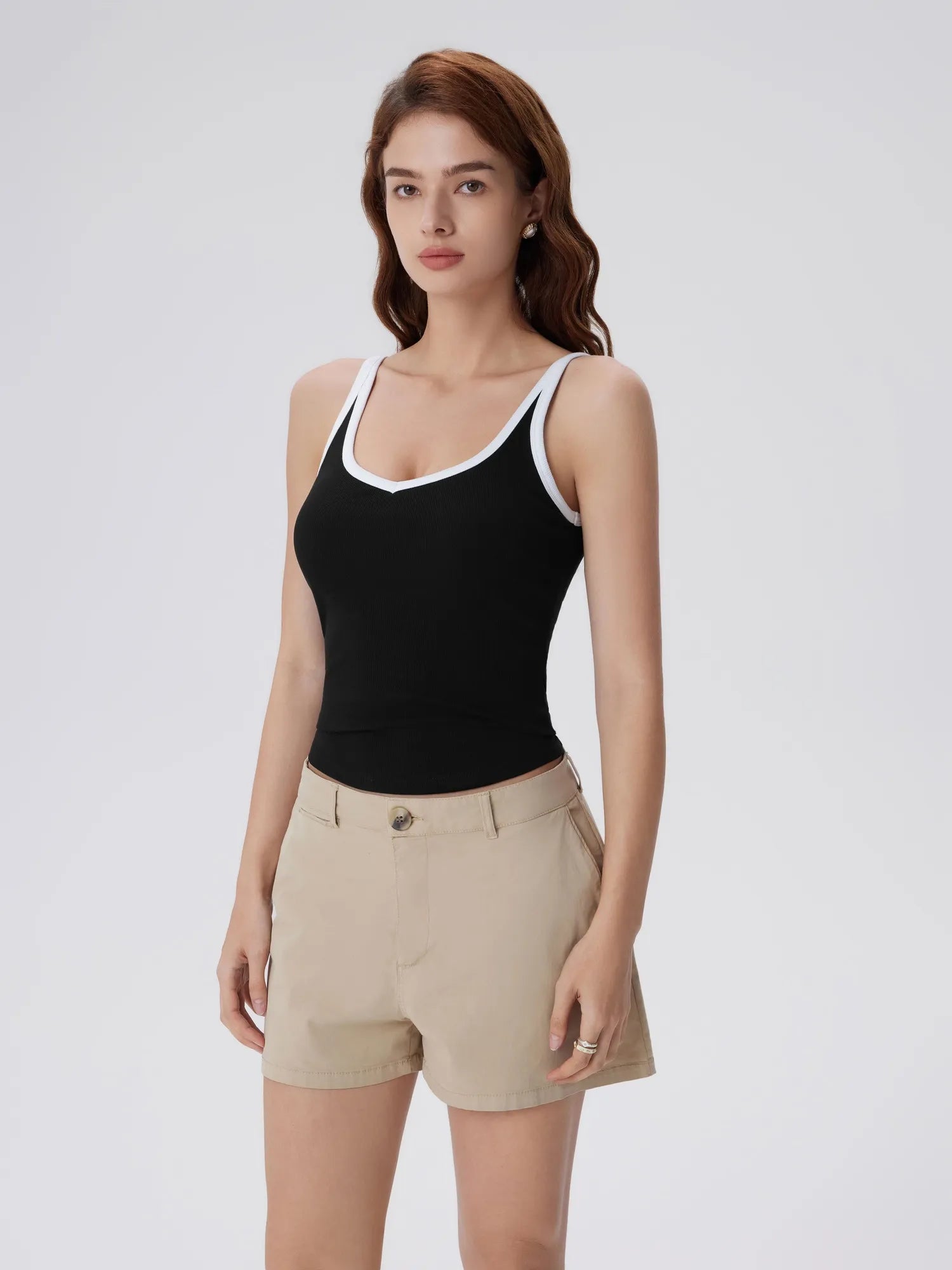 Cotton Ribbed Padded V Neck Tank Top-SUUKSESS-Black White-XS-SUUKSESS