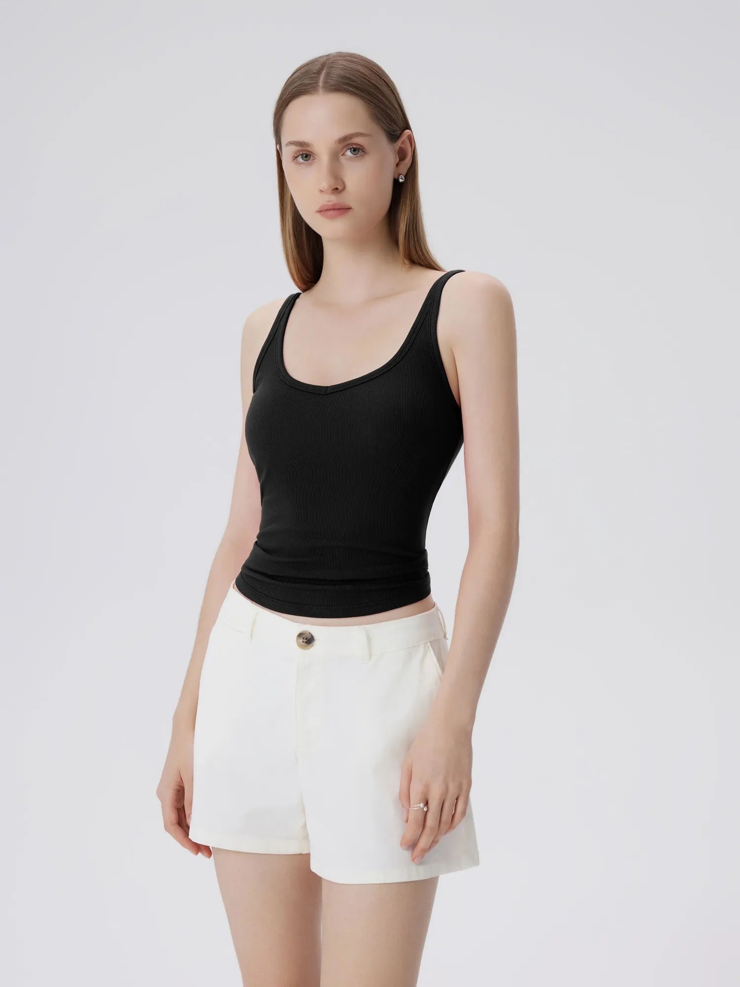 Cotton Ribbed Padded V Neck Tank Top-SUUKSESS-Black-XS-SUUKSESS