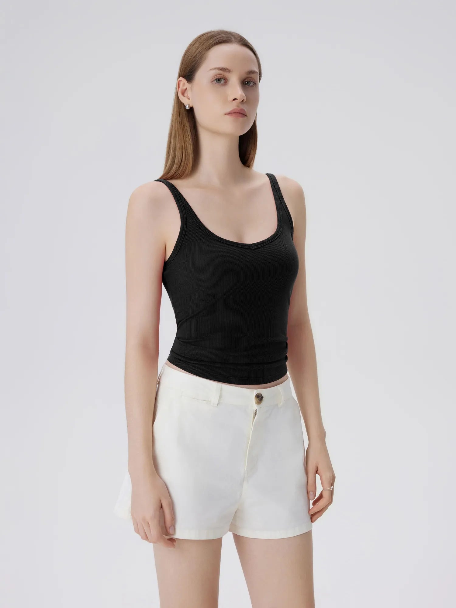 Cotton Ribbed Padded V Neck Tank Top-SUUKSESS-SUUKSESS