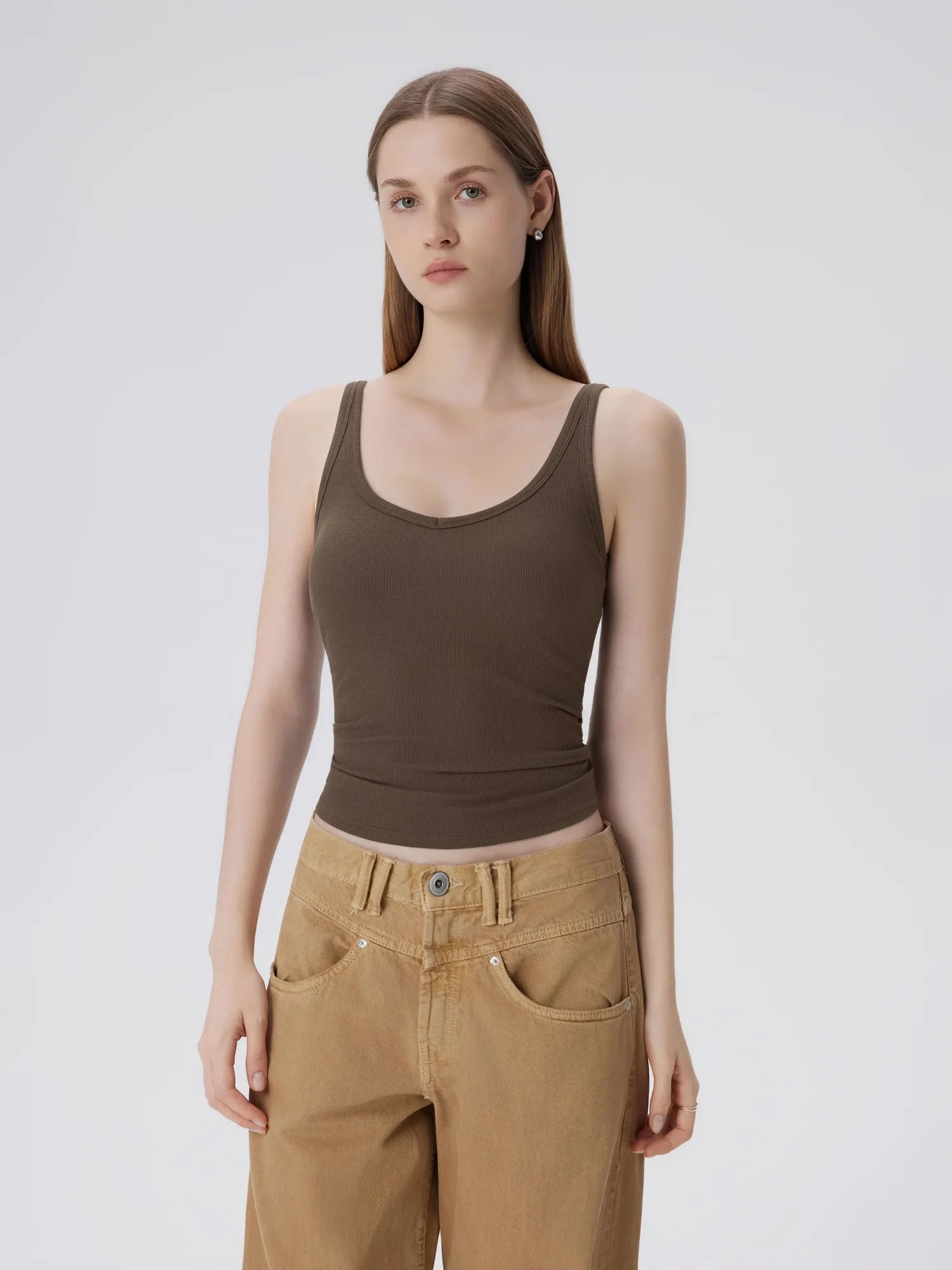 Cotton Ribbed Padded V Neck Tank Top-SUUKSESS-Brown-XS-SUUKSESS