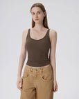 Cotton Ribbed Padded V Neck Tank Top-SUUKSESS-Brown-XS-SUUKSESS