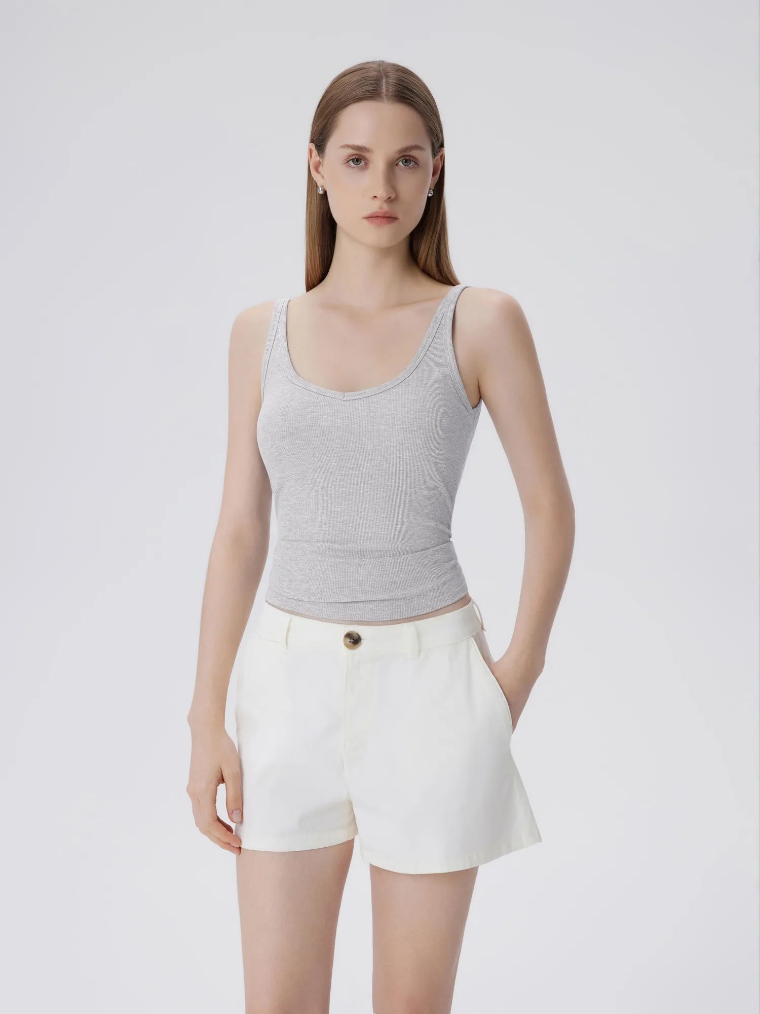 Cotton Ribbed Padded V Neck Tank Top-SUUKSESS-Grey-XS-SUUKSESS