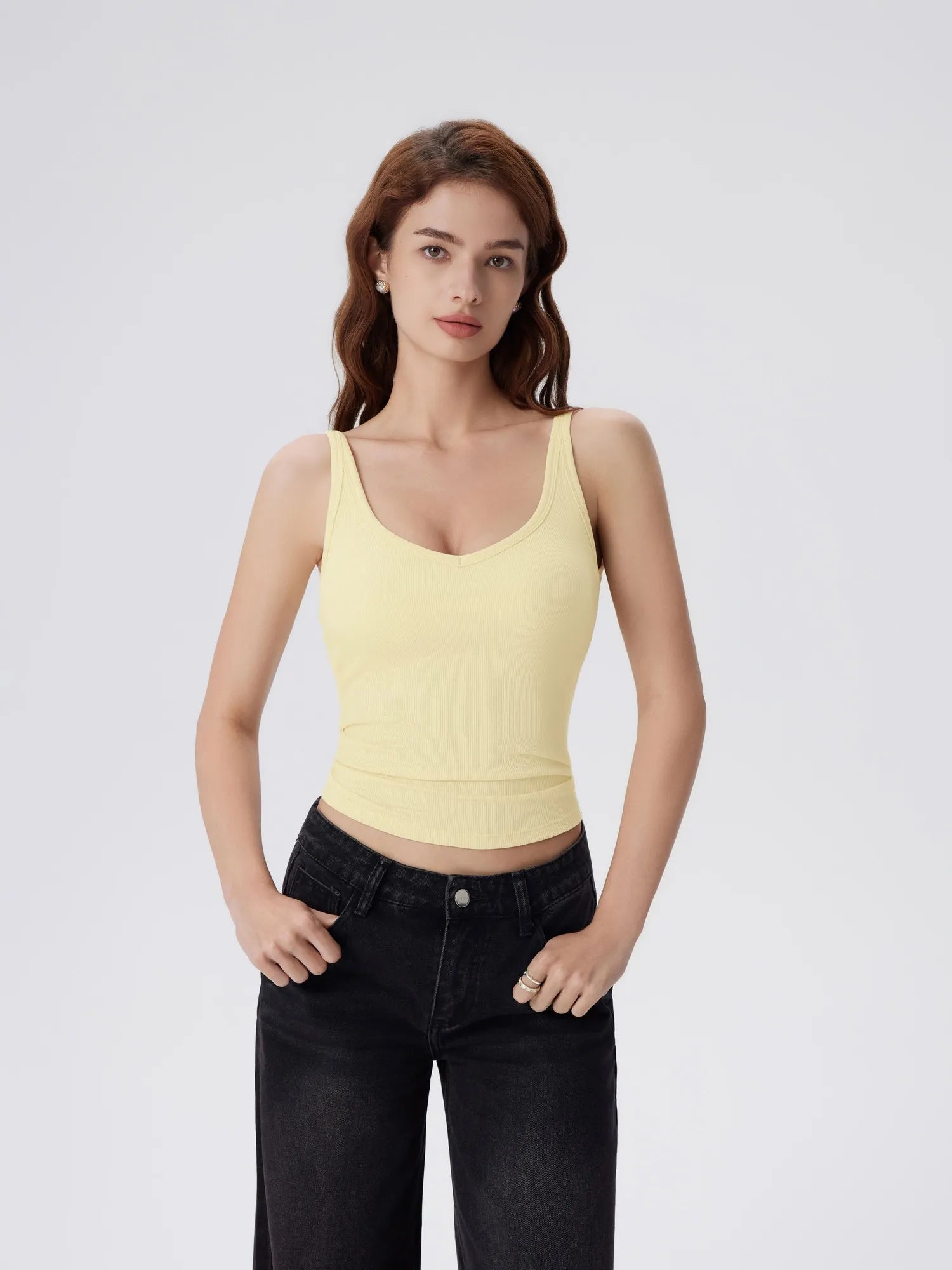 Cotton Ribbed Padded V Neck Tank Top-SUUKSESS-Butter Yellow-XS-SUUKSESS