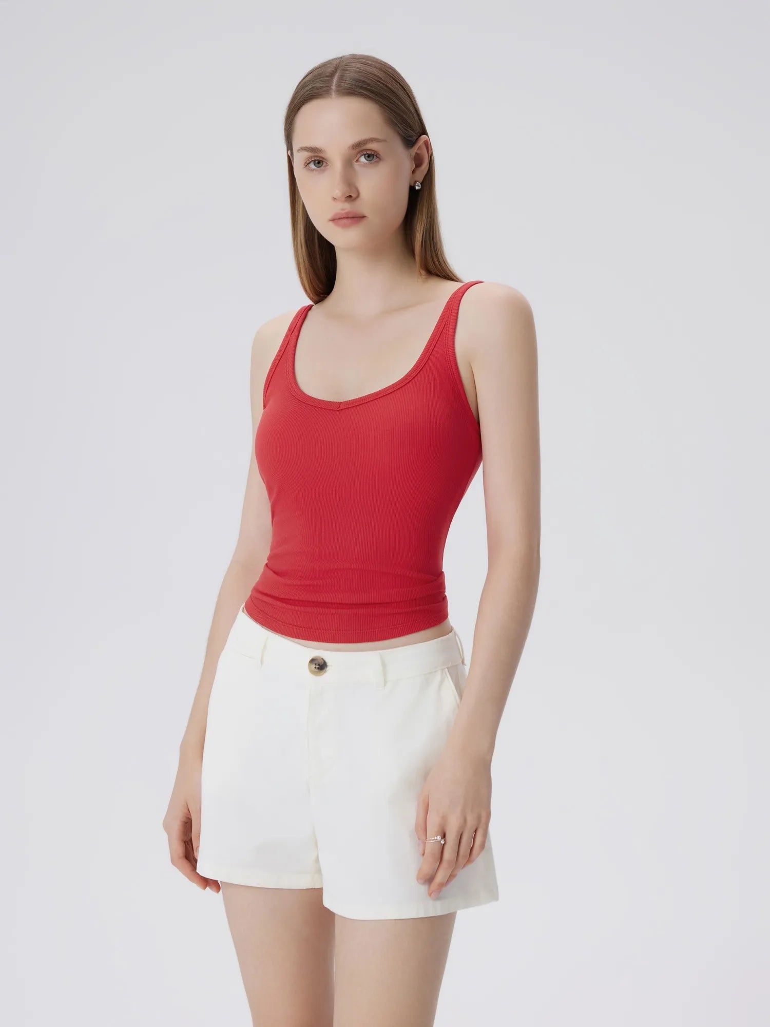 Cotton Ribbed Padded V Neck Tank Top-SUUKSESS-Red-XS-SUUKSESS