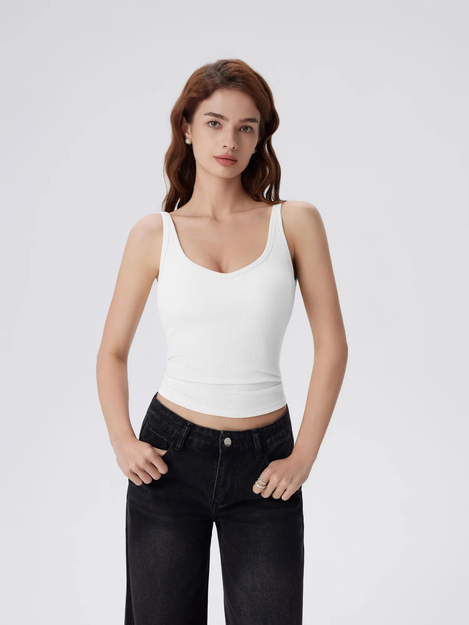 Cotton Ribbed Padded V Neck Tank Top-SUUKSESS-Snow White-XS-SUUKSESS