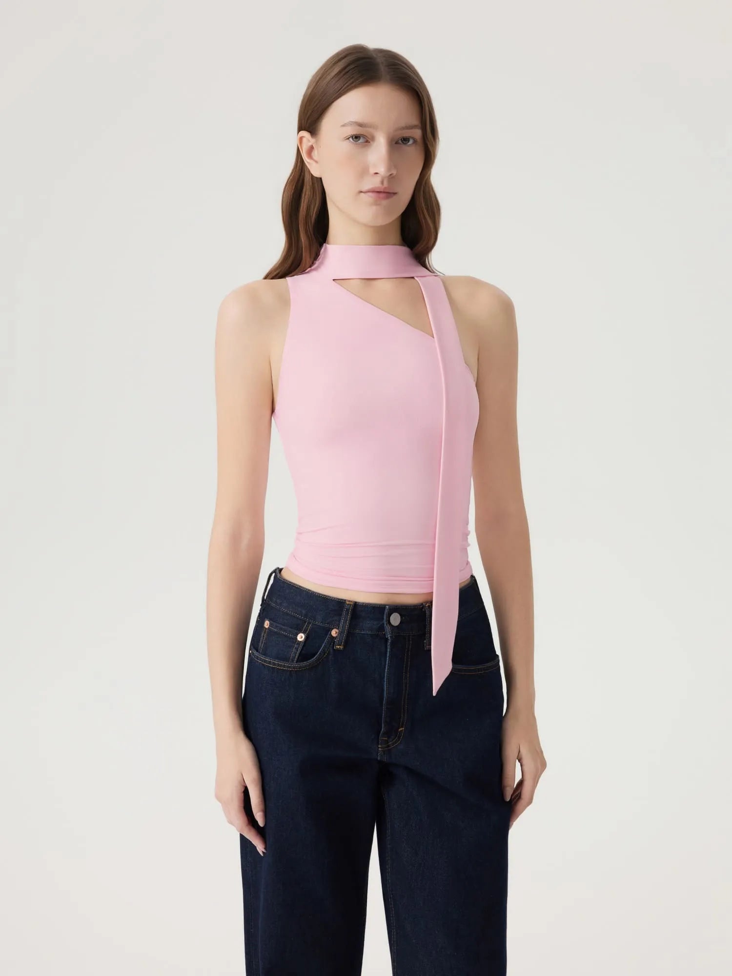 Off Shoulder Halter High Neck Tank Tops with Scarf-SUUKSESS-Pink-XS-SUUKSESS