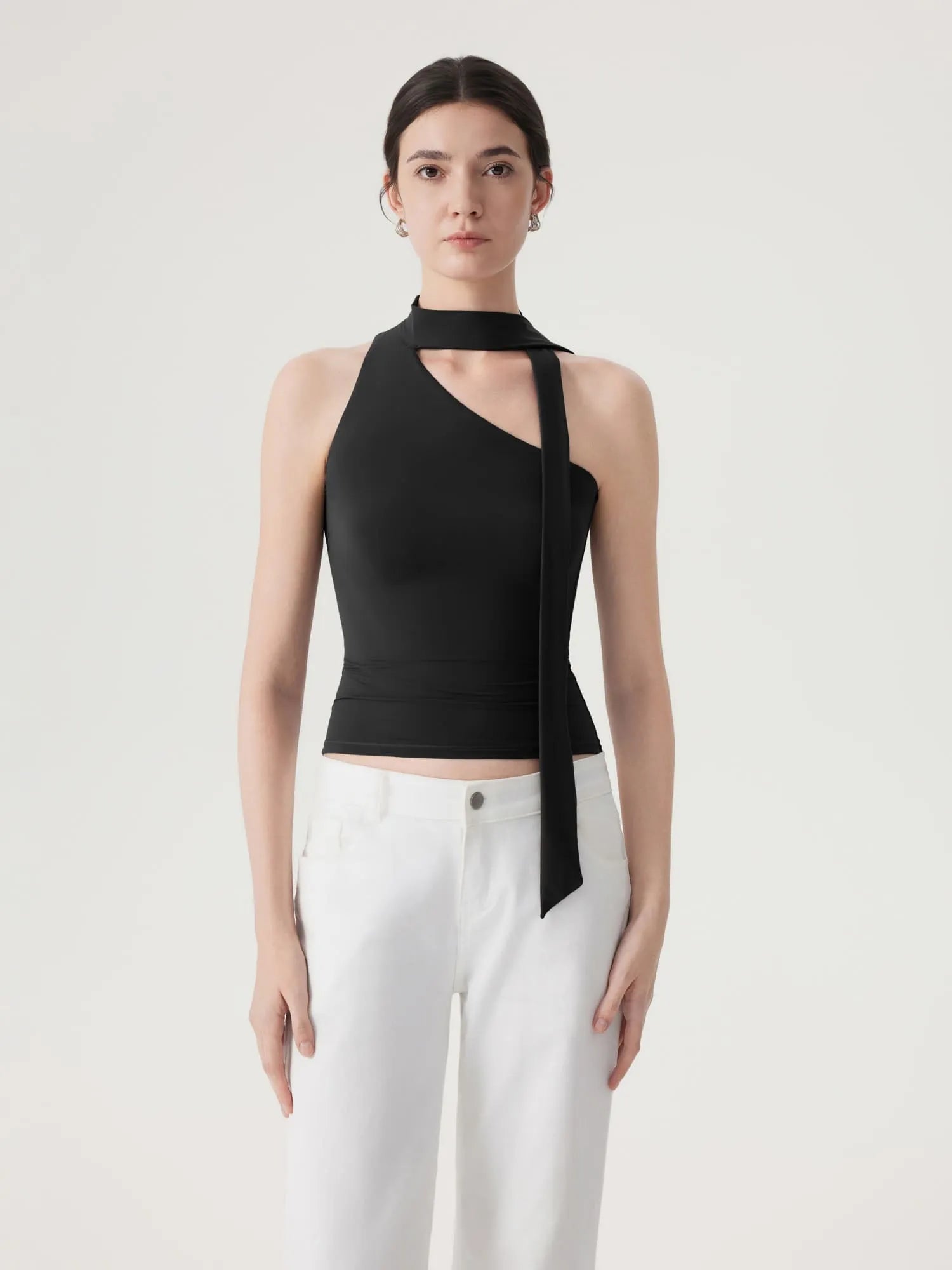 Off Shoulder Halter High Neck Tank Tops with Scarf-SUUKSESS-Black-XS-SUUKSESS