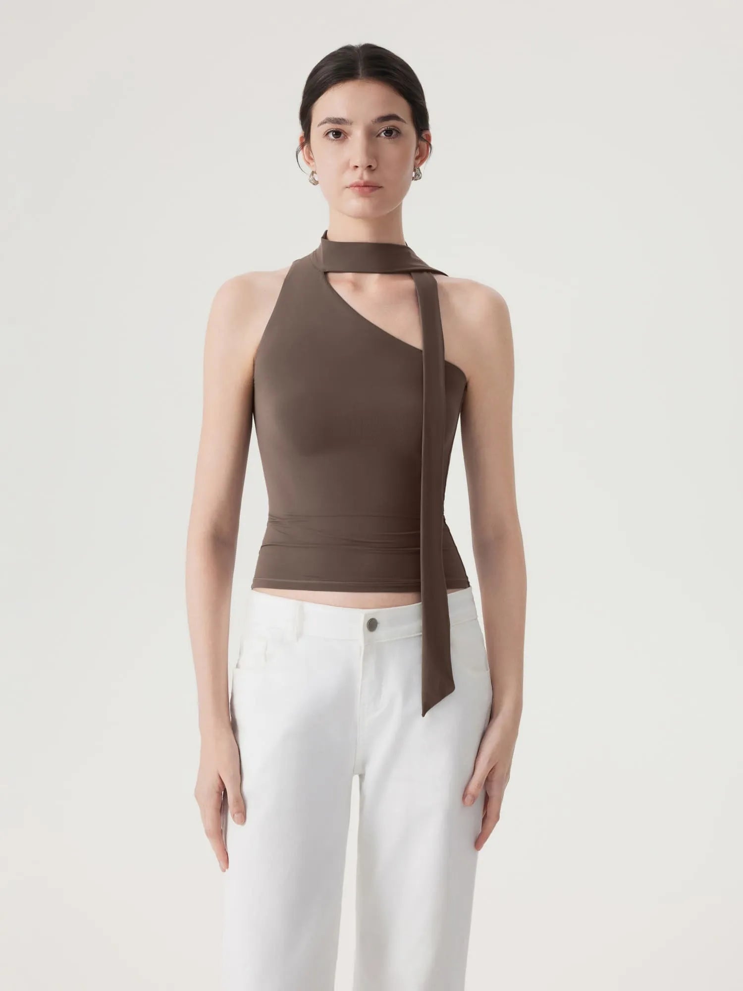 Off Shoulder Halter High Neck Tank Tops with Scarf-SUUKSESS-Brown-XS-SUUKSESS