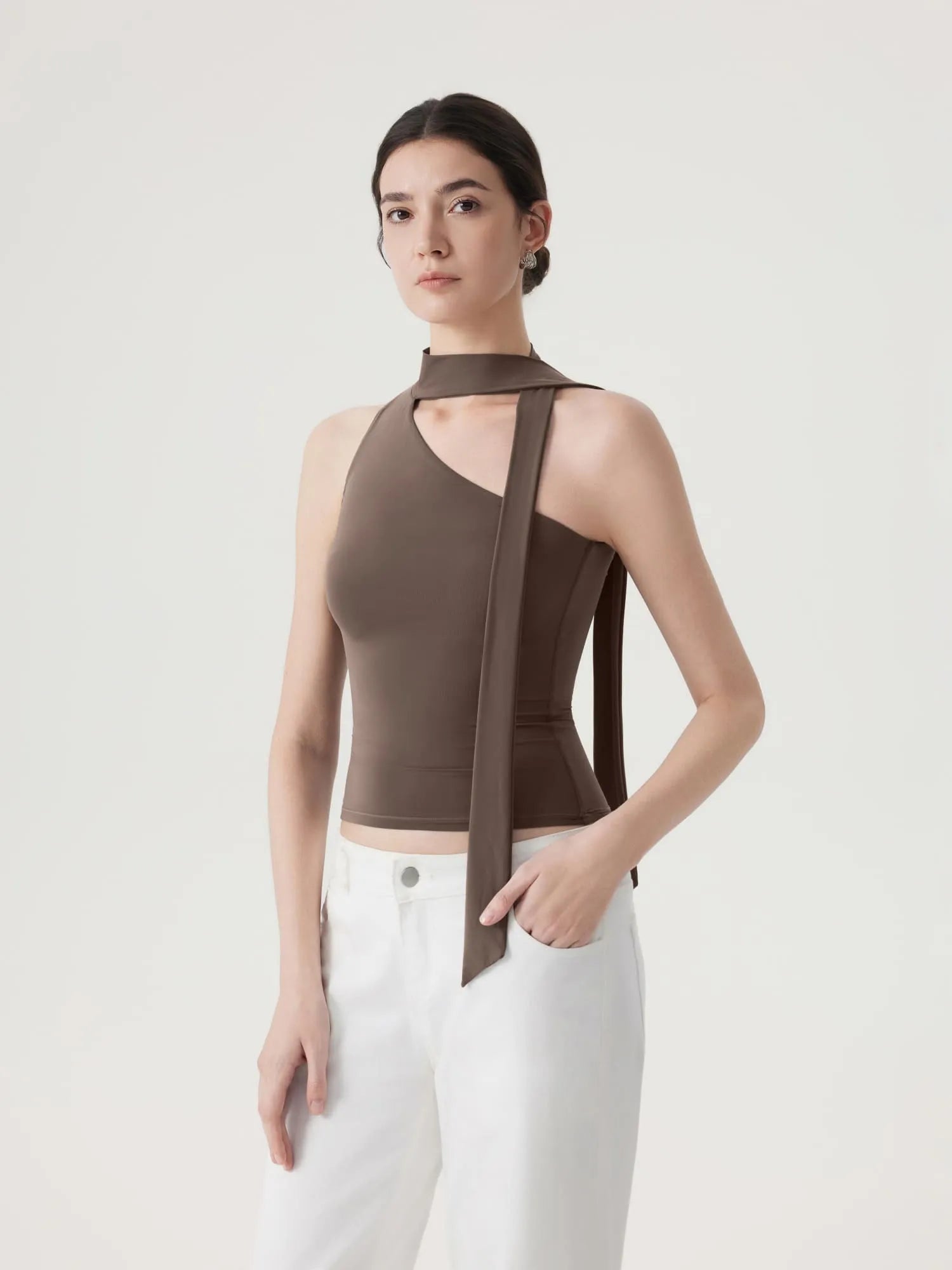 Off Shoulder Halter High Neck Tank Tops with Scarf-SUUKSESS-SUUKSESS