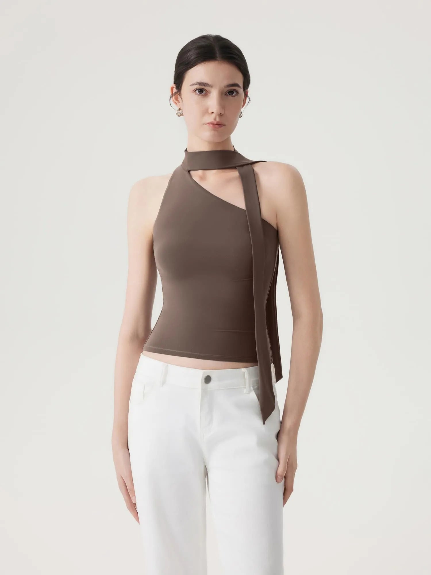 Off Shoulder Halter High Neck Tank Tops with Scarf-SUUKSESS-SUUKSESS