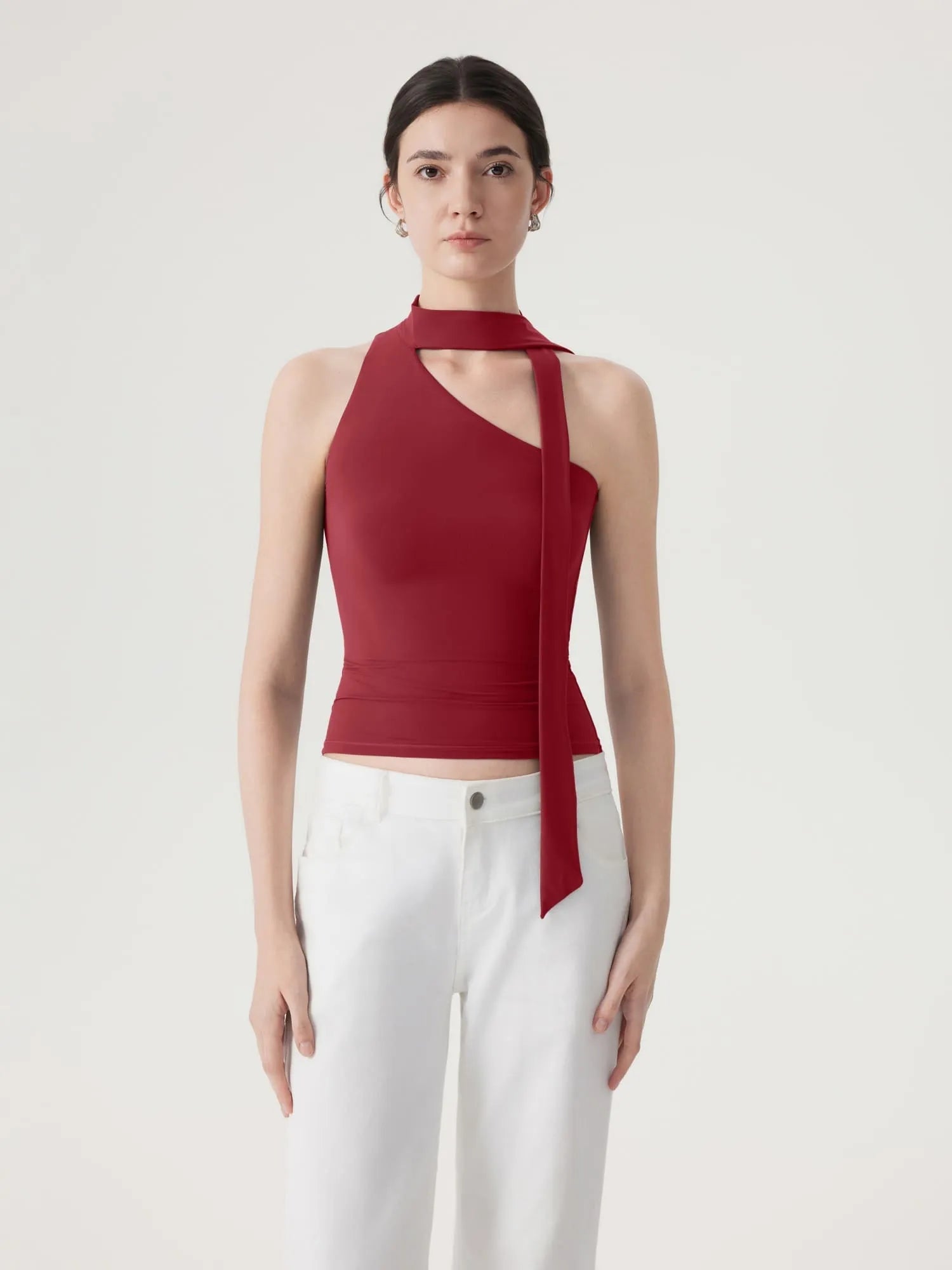 Off Shoulder Halter High Neck Tank Tops with Scarf-SUUKSESS-Wine-XS-SUUKSESS