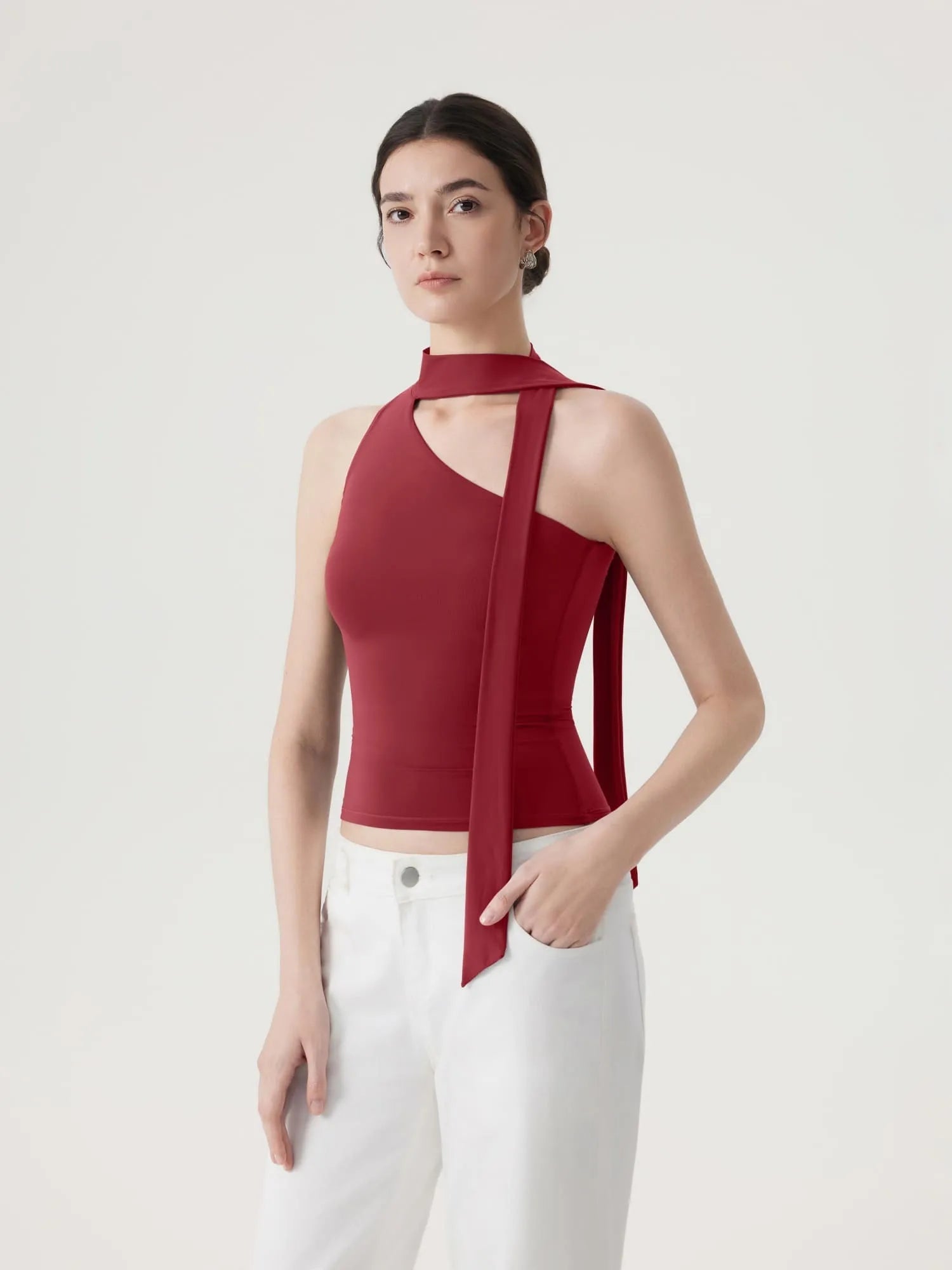 Off Shoulder Halter High Neck Tank Tops with Scarf-SUUKSESS-SUUKSESS