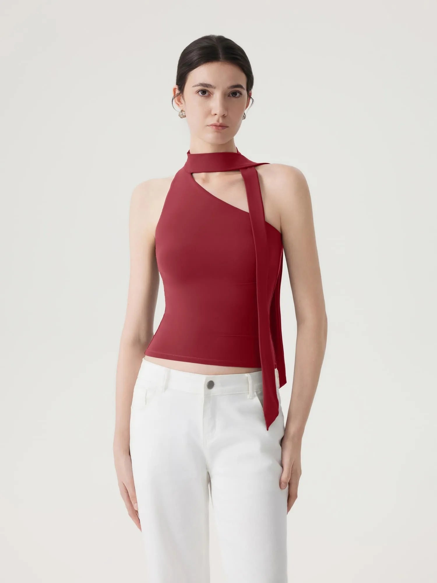 Off Shoulder Halter High Neck Tank Tops with Scarf-SUUKSESS-SUUKSESS