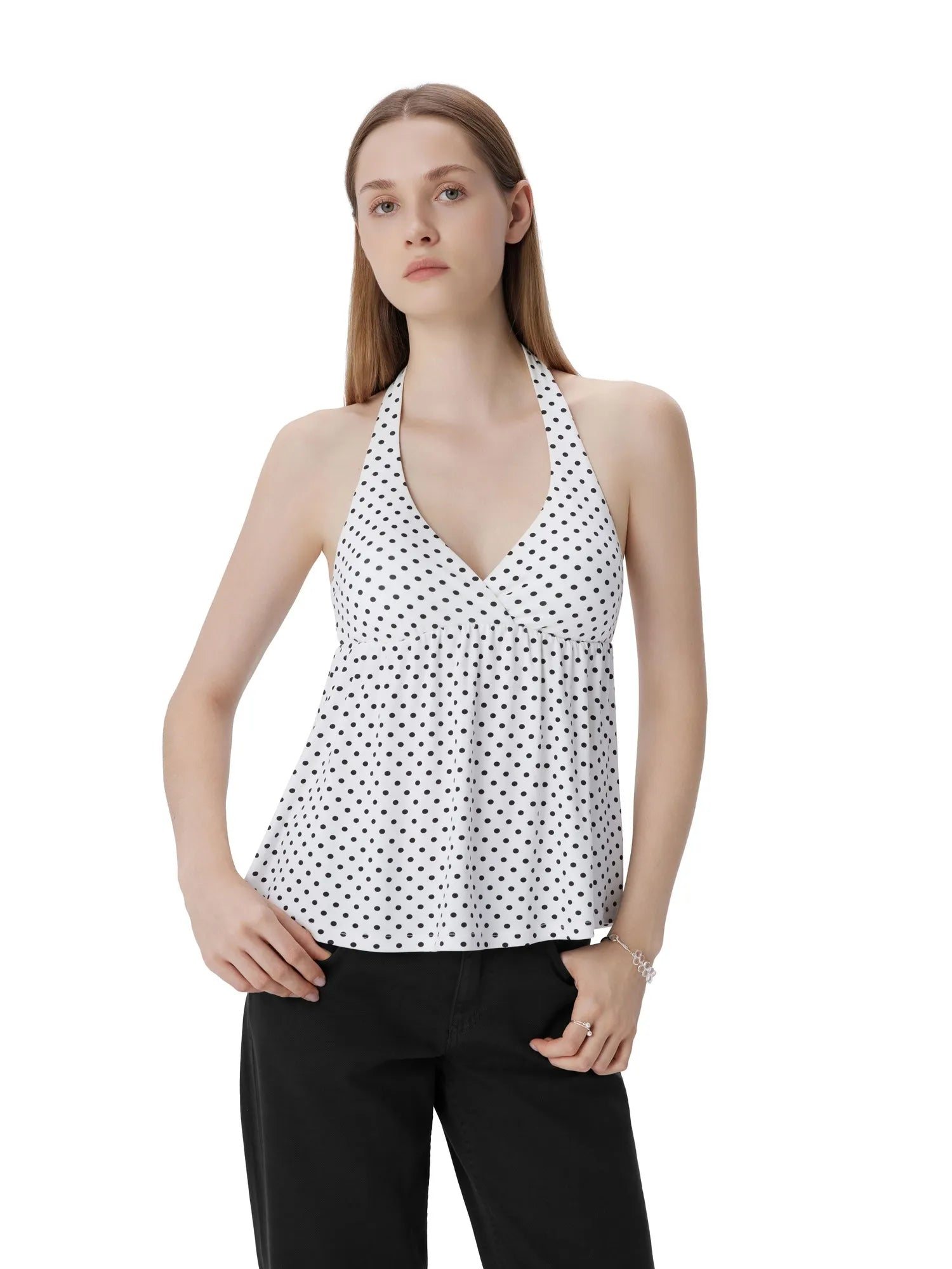 Babydoll Halter Peplum Backless Tank Tops-SUUKSESS-Dots-XS-SUUKSESS