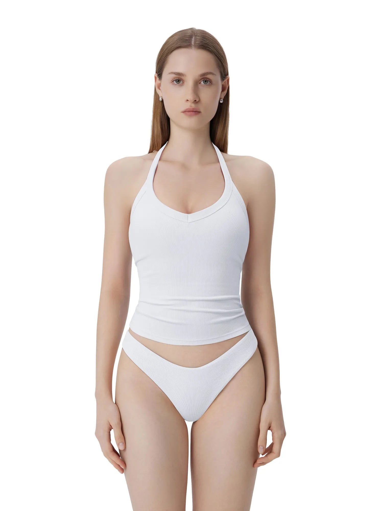 Cotton Ribbed V Neck Halter Tank Top