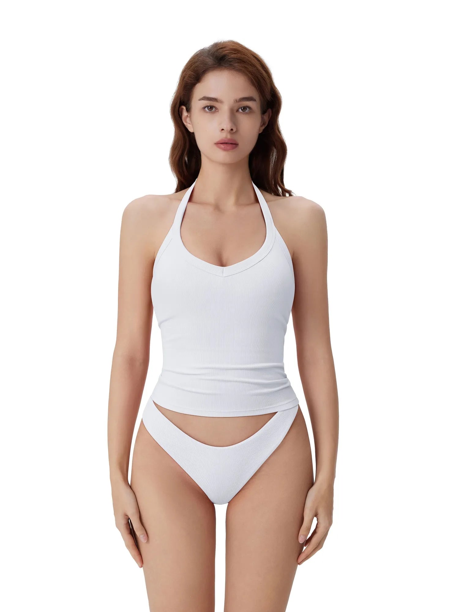 Cotton Ribbed V Neck Halter Tank Top