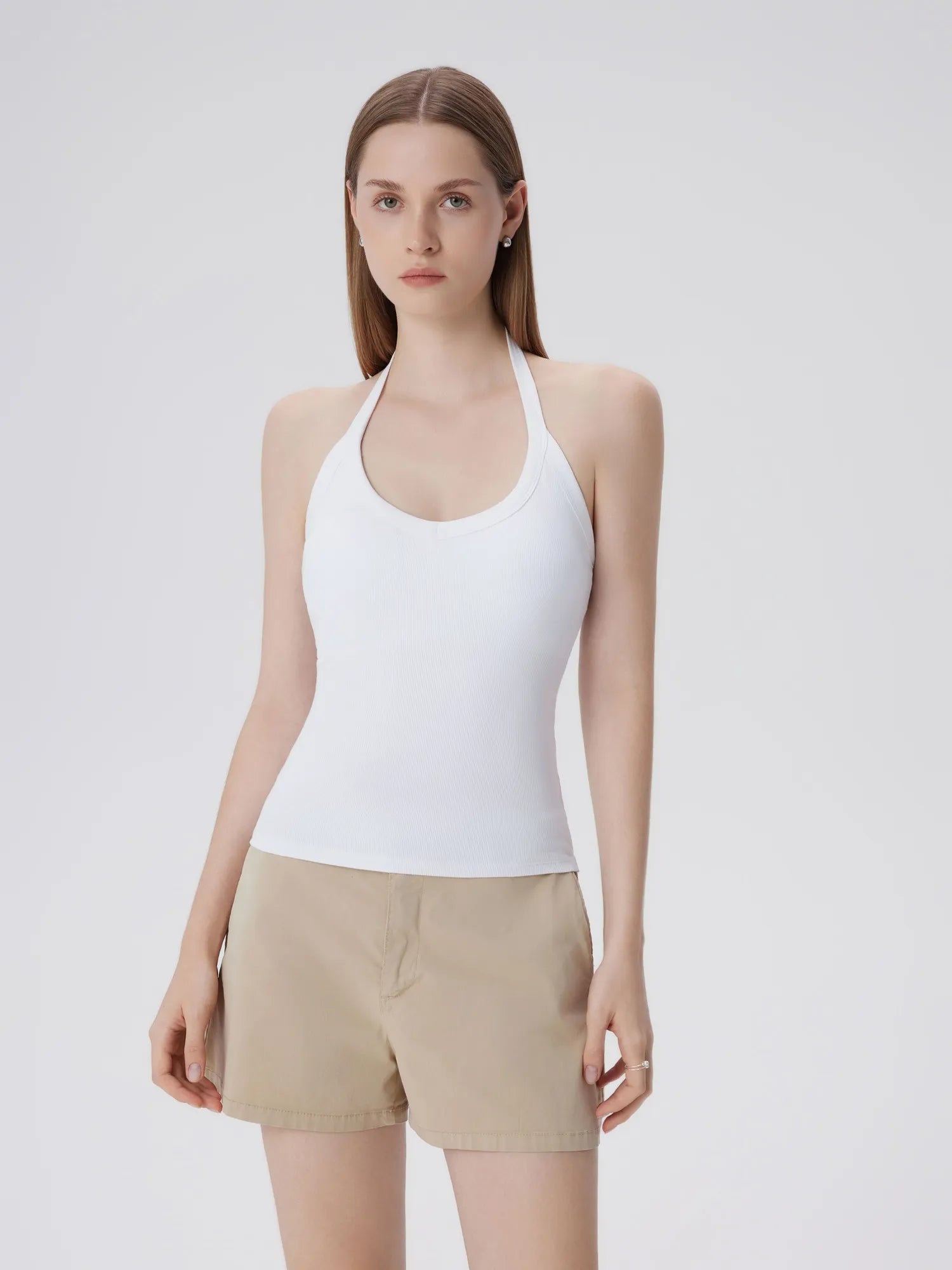 Cotton Ribbed V Neck Halter Tank Top