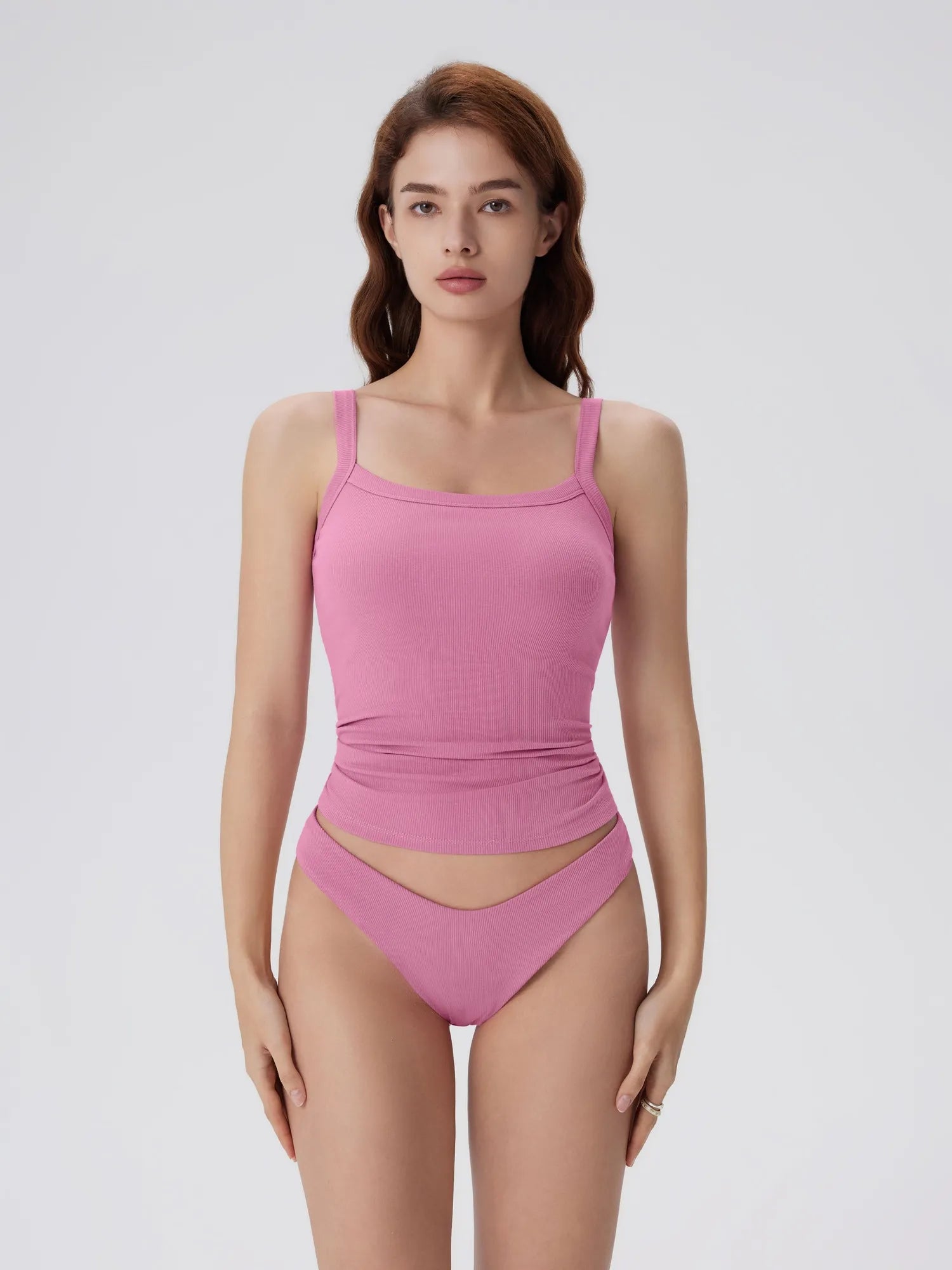 Cotton Rib Square Neck Padded Tank Tops-SUUKSESS-Rose Gold-XS-SUUKSESS