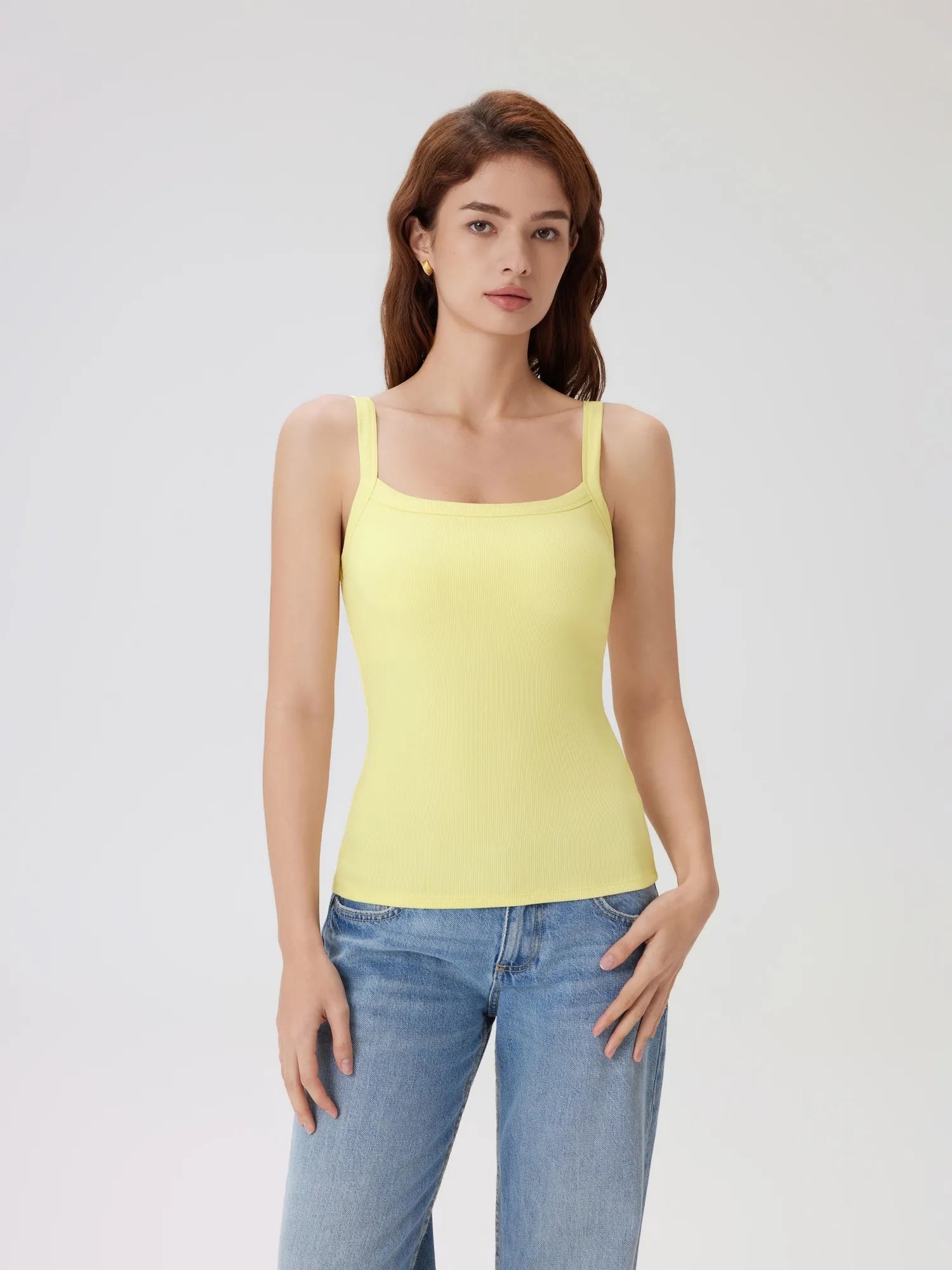 Cotton Rib Square Neck Padded Tank Tops-SUUKSESS-SUUKSESS